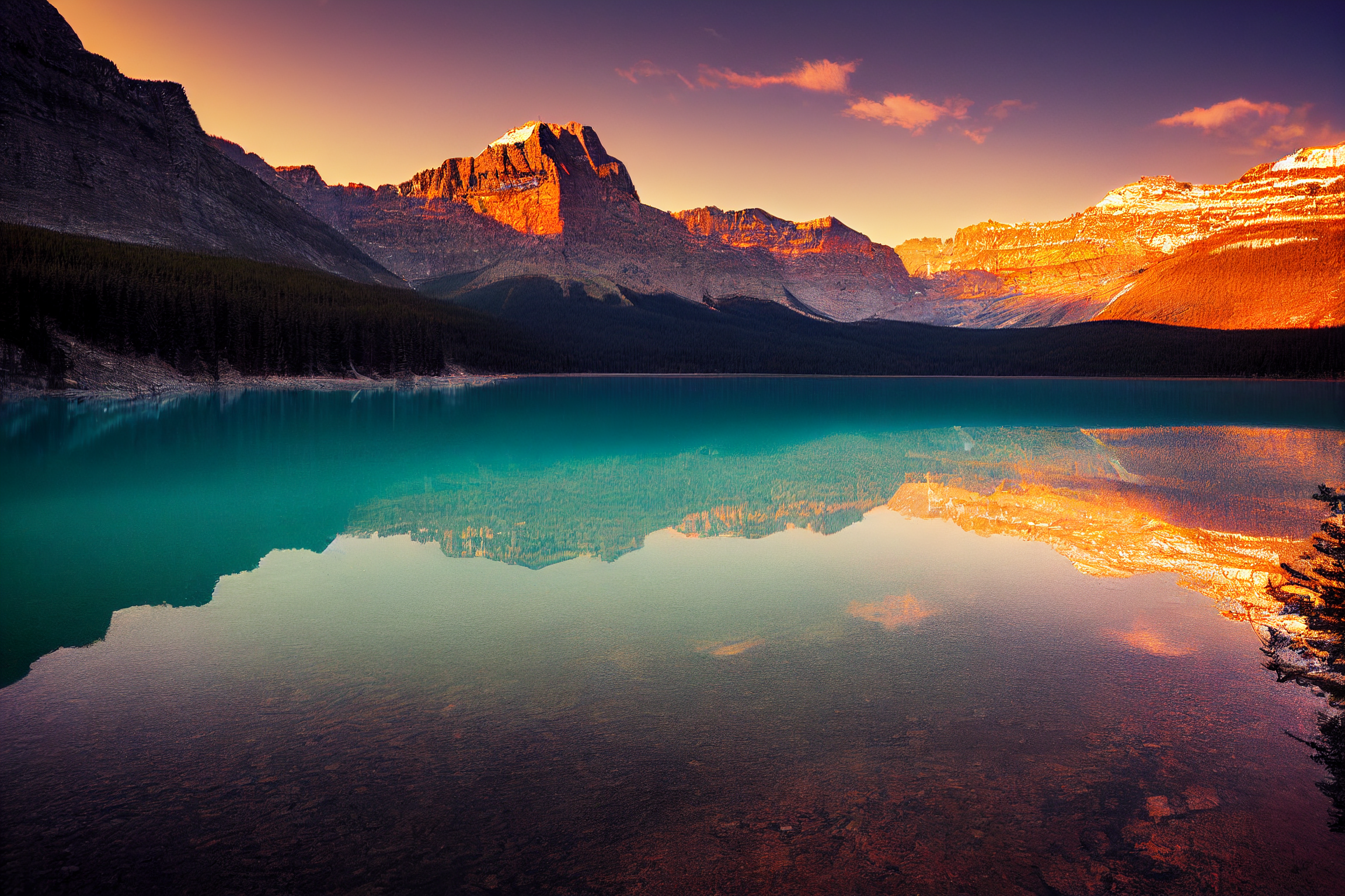 Ai Art Landscape Lake Banff National Park Sunset Mountains Nature Water Reflection Snow Wallpaper:2304x1536