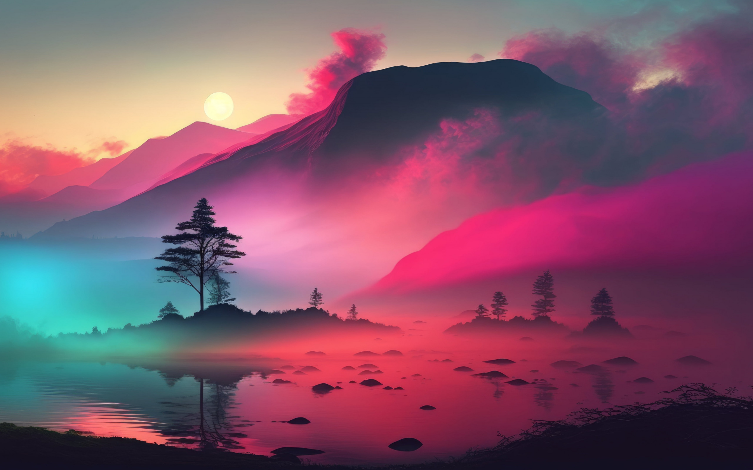 Download wallpaper landscape, mountains, fog, lake, sunrise, morning, landscape, mountains, lake, morning, fog, sunrise, AI art, AI art, section art in resolution 2560x1600