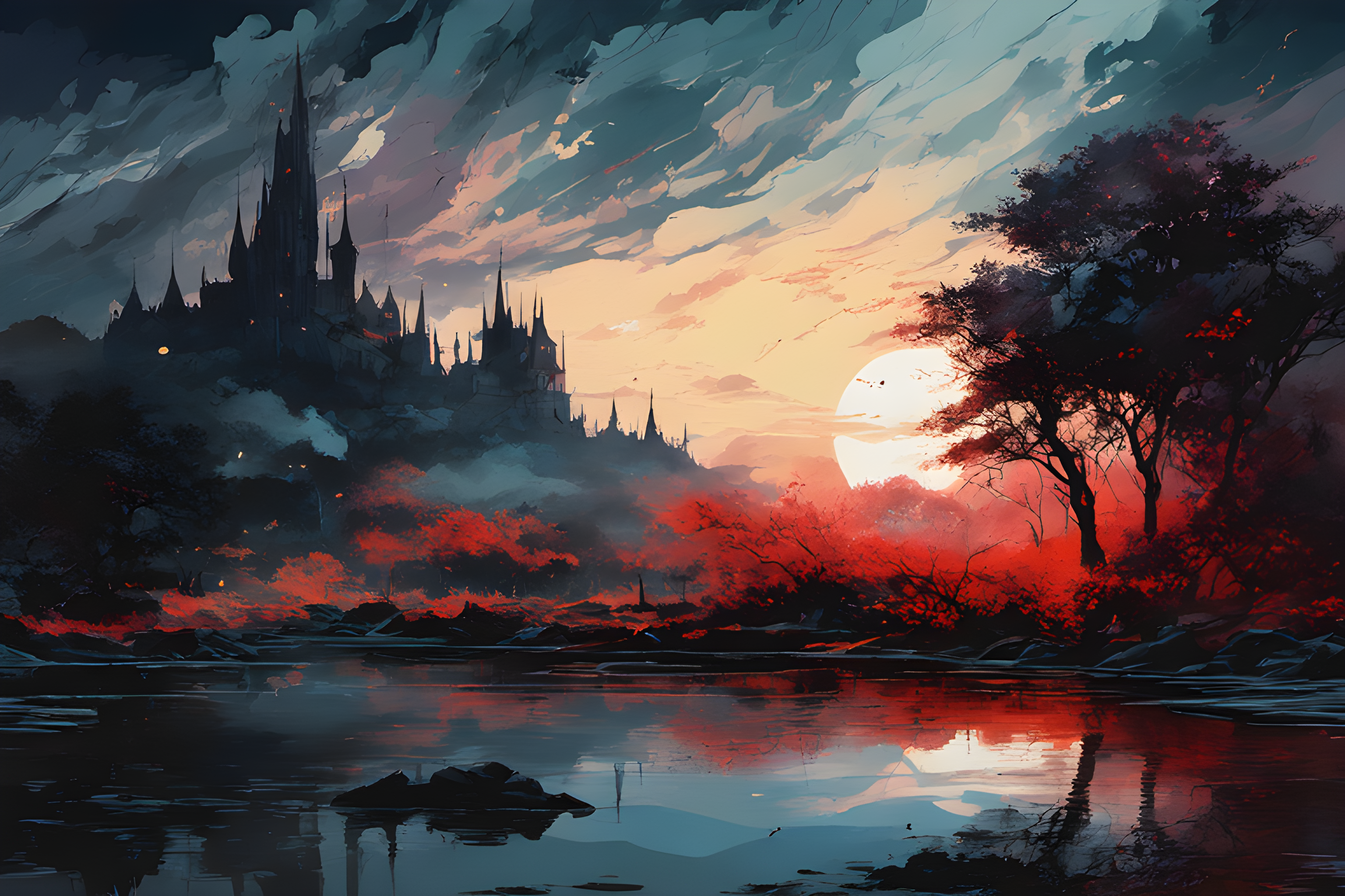 ai art, realistic, shadows, sunset, lake, human, hd
