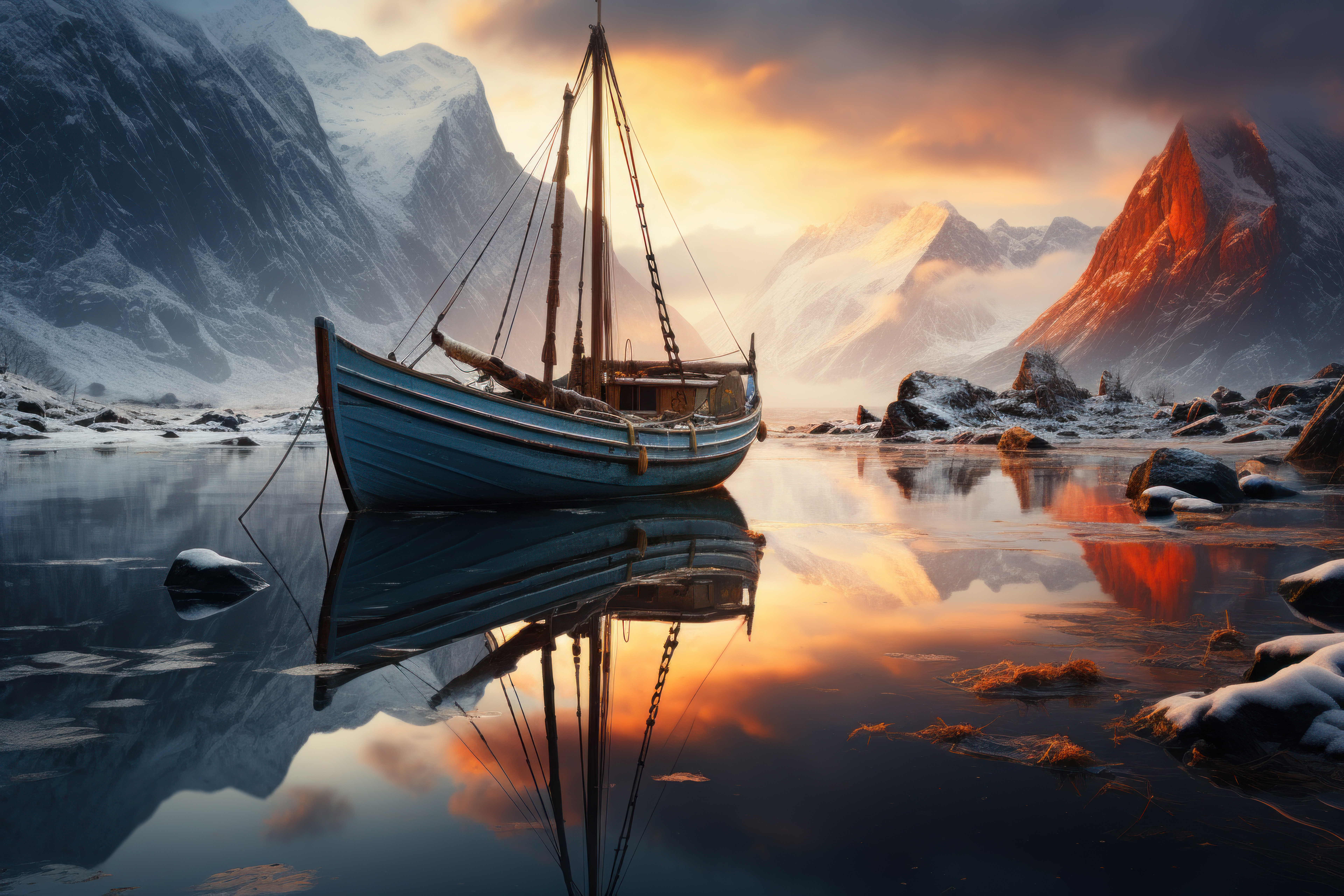 Scenic Wallpaper 4K, Aesthetic, Boat, Sunset, AI art