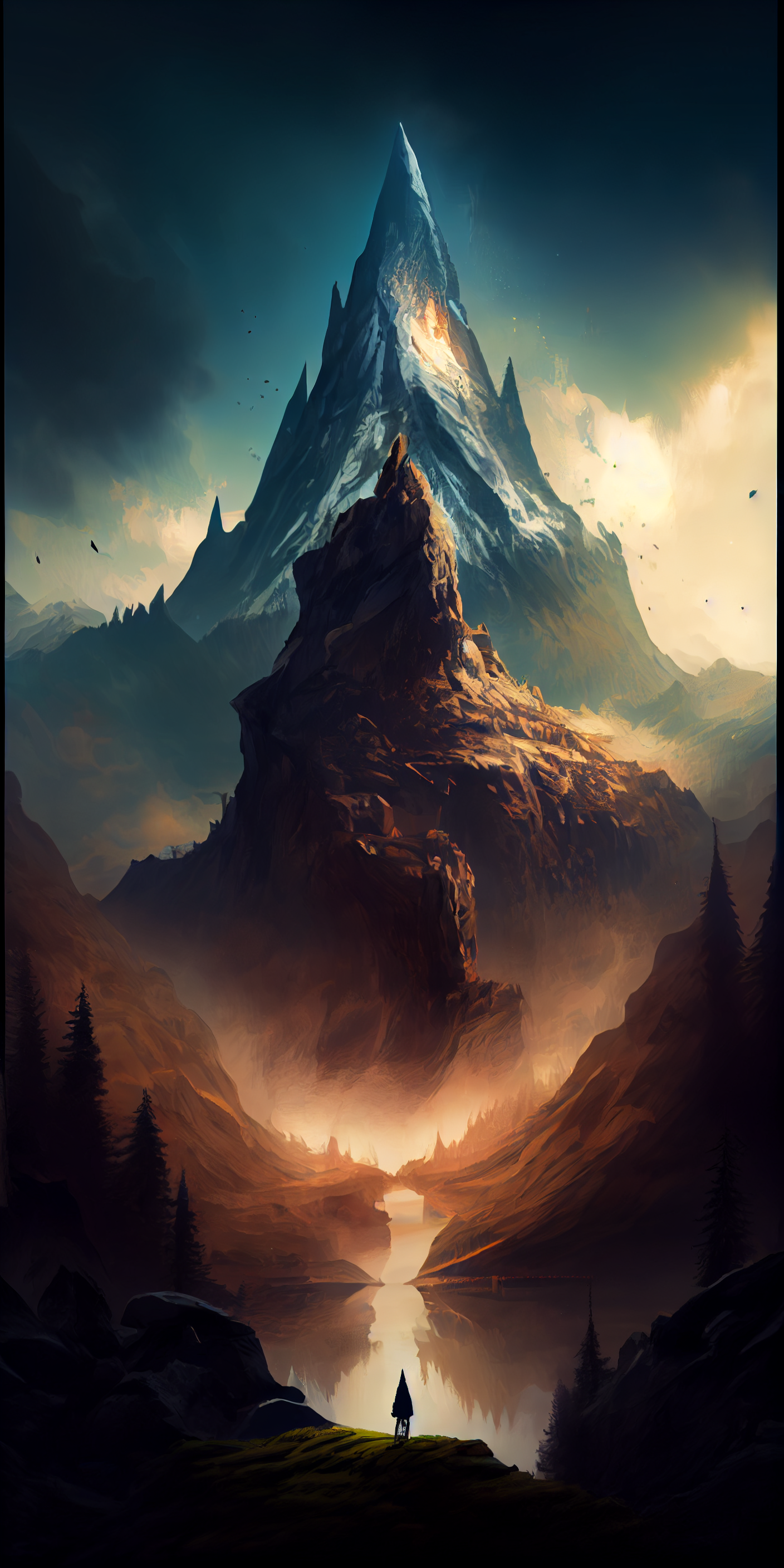 Fantasy Mountain, Nature, Lake, Free Phone Wallpaper, IPhone, AI Generated, Midjourney, ZenovaGallery. Beautiful Dark Art, Free Phone Wallpaper, Scenery