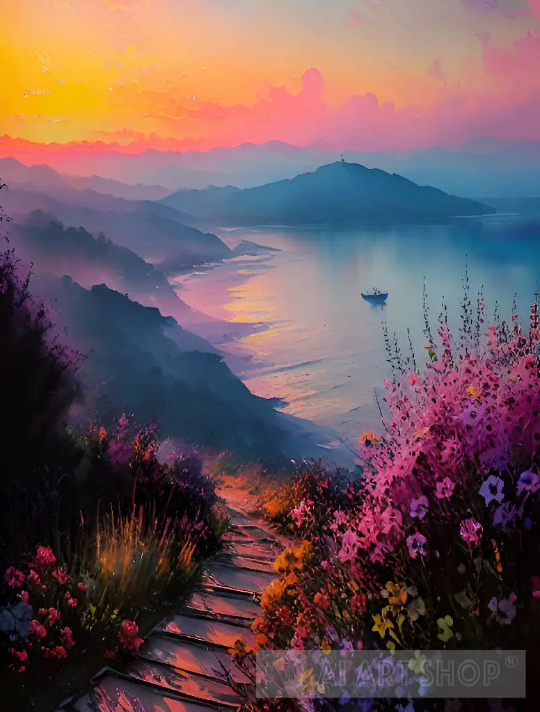 Hill with roses overlooking the sea at sunset ai painting