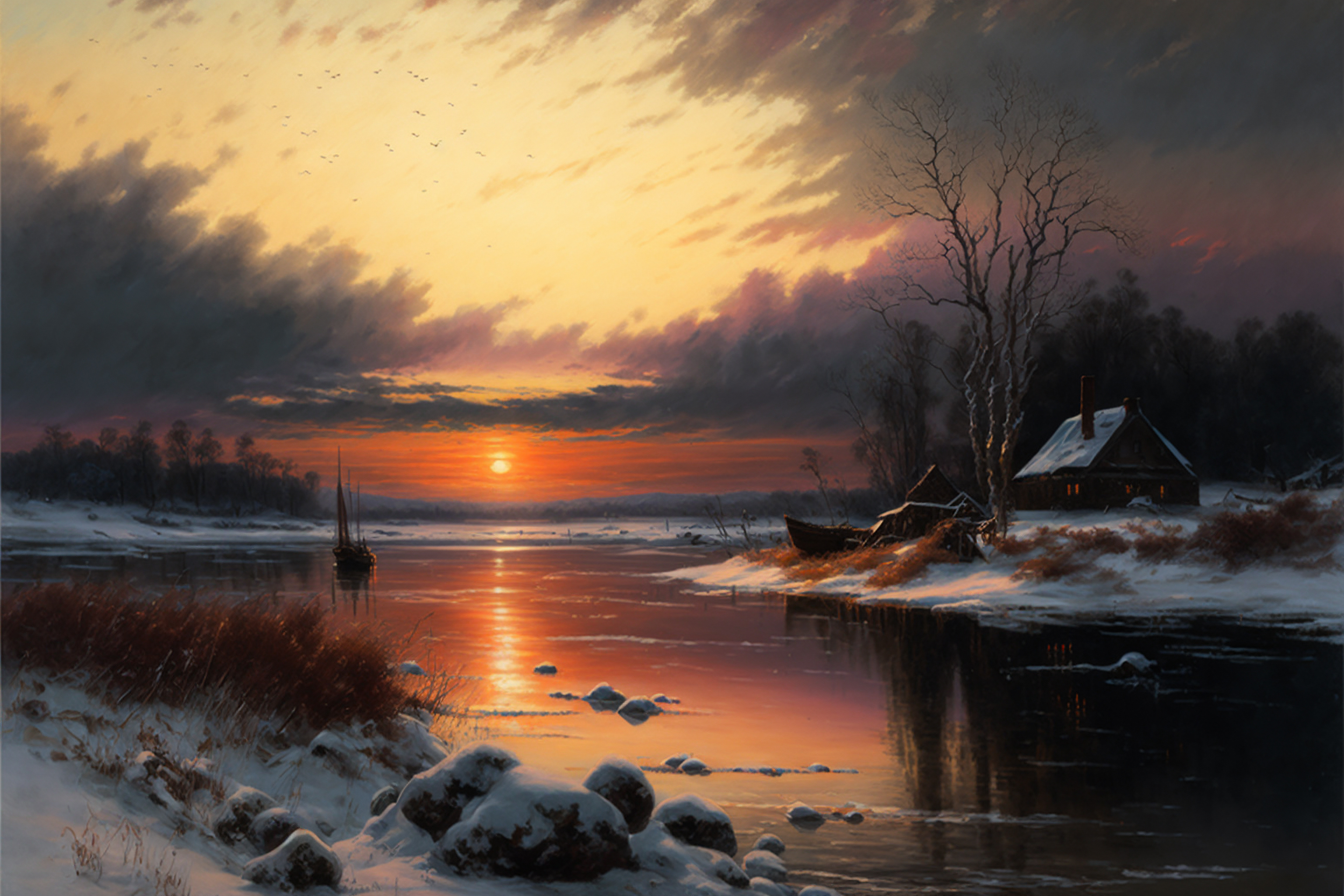 Wallpaper, ai art, landscape, sunset, river, snow, painting 3072x2048