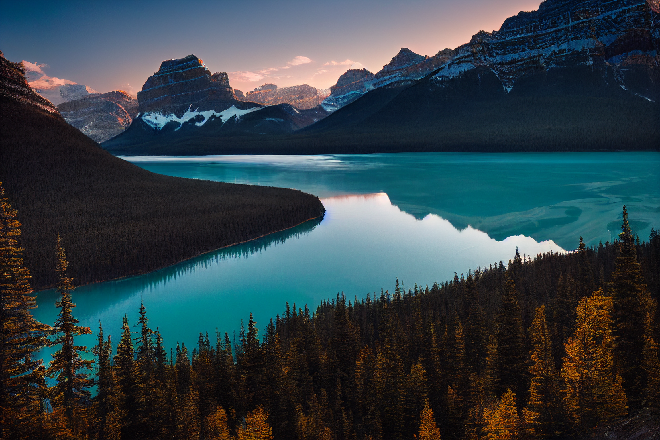 Ai Art Landscape Lake Banff National Park Sunset Mountains Water Reflection Snow Trees Nature Wallpaper:2304x1536