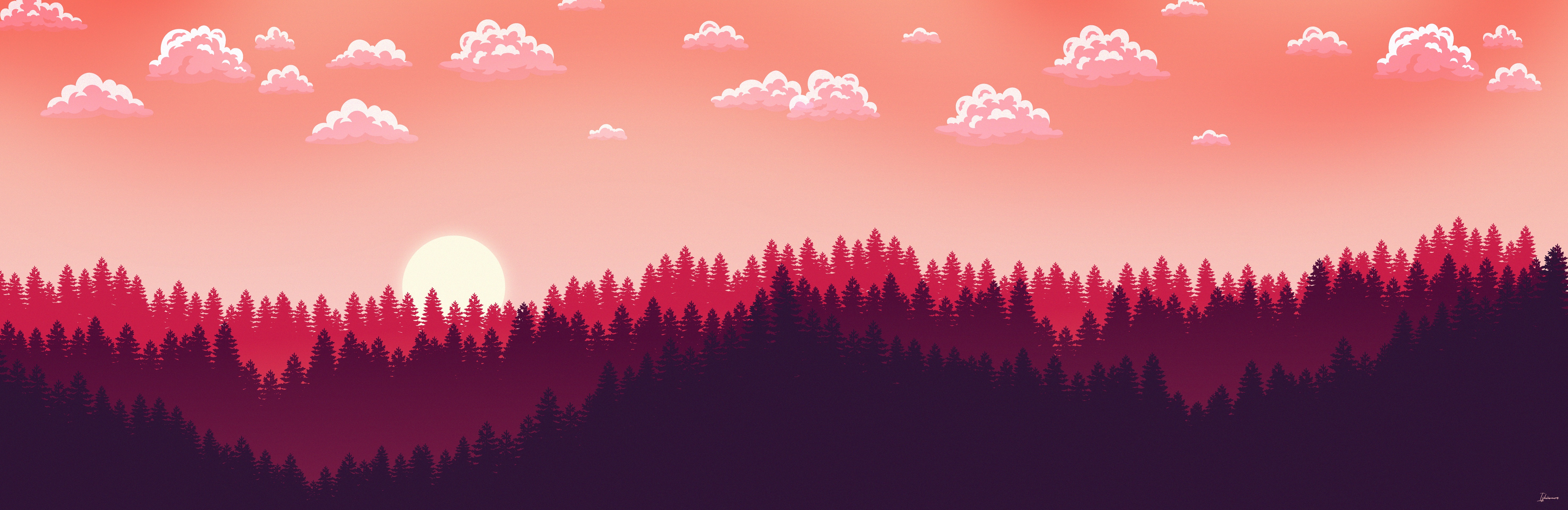 Wallpaper, artwork, digital art, illustration, landscape, jungle, forest, 4k, sunset, clouds, mountains, graphic design 5898x1920