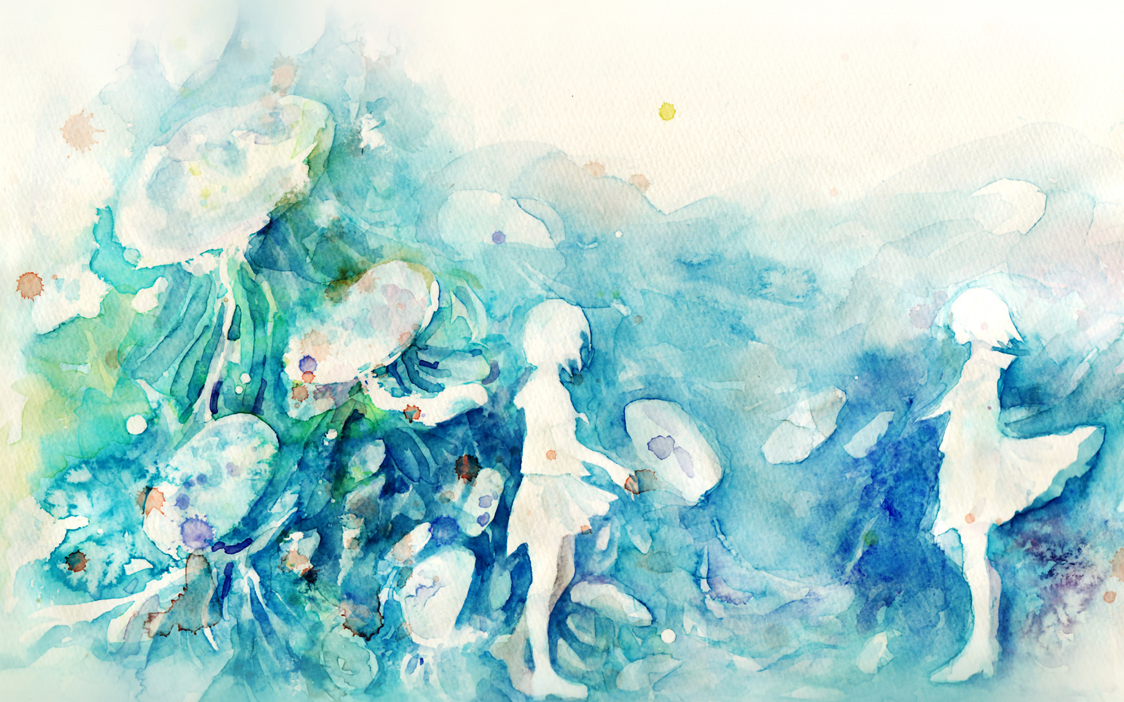 wallpaper for desktop, laptop. watercolor blue girl nature art illust