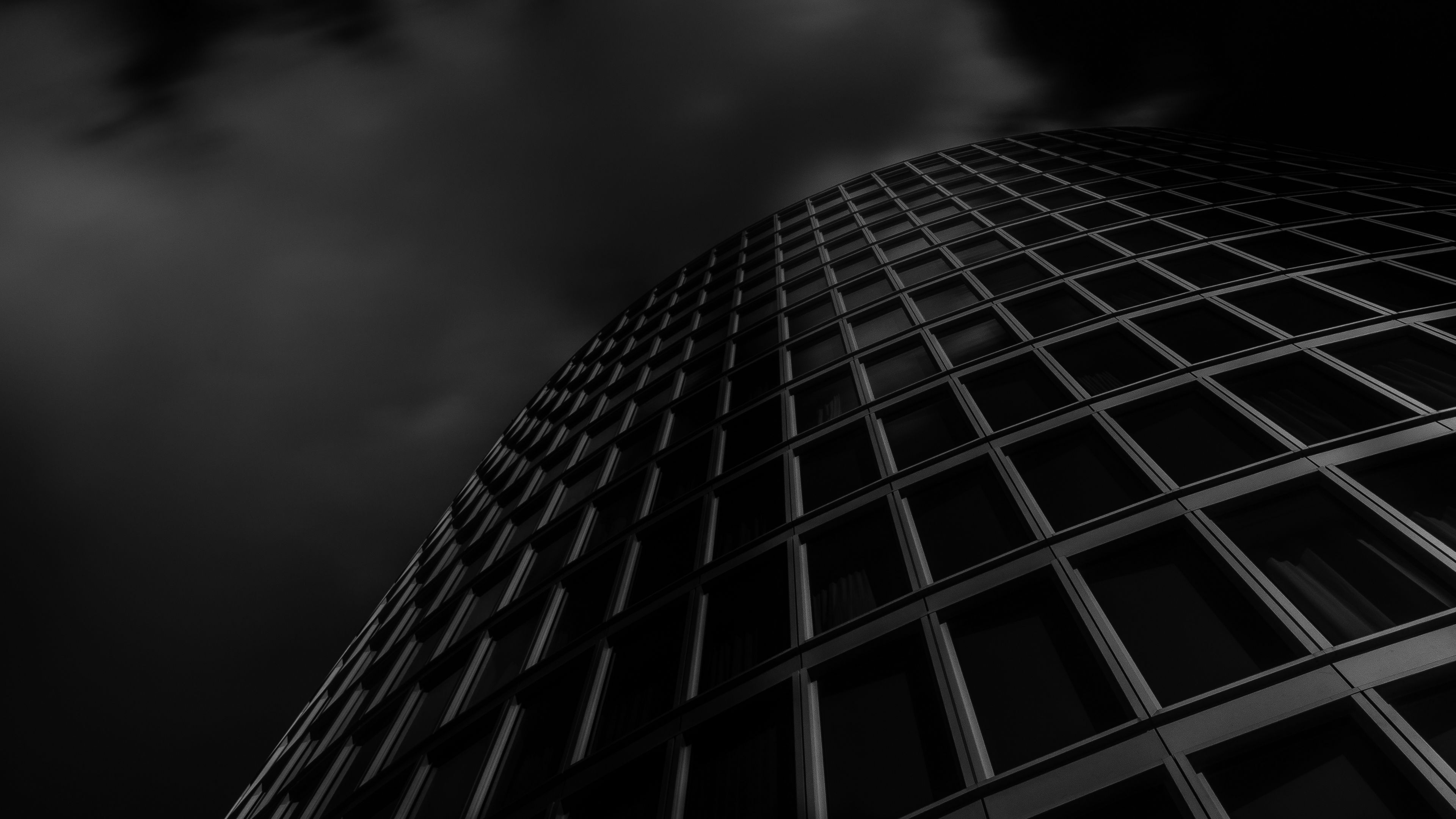 Download wallpaper 3840x2160 building, windows, architecture, bottom view, black and white, black 4k uhd 16:9 HD background