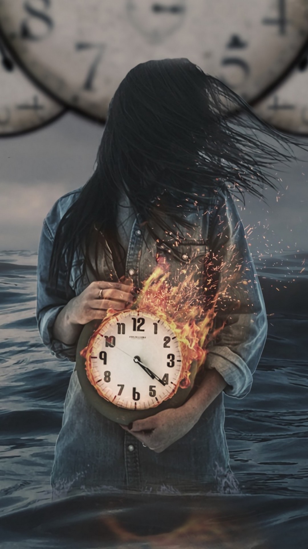 Girl with a clock inside the sea HD Wallpaper iPhone 6 / 6S Plus