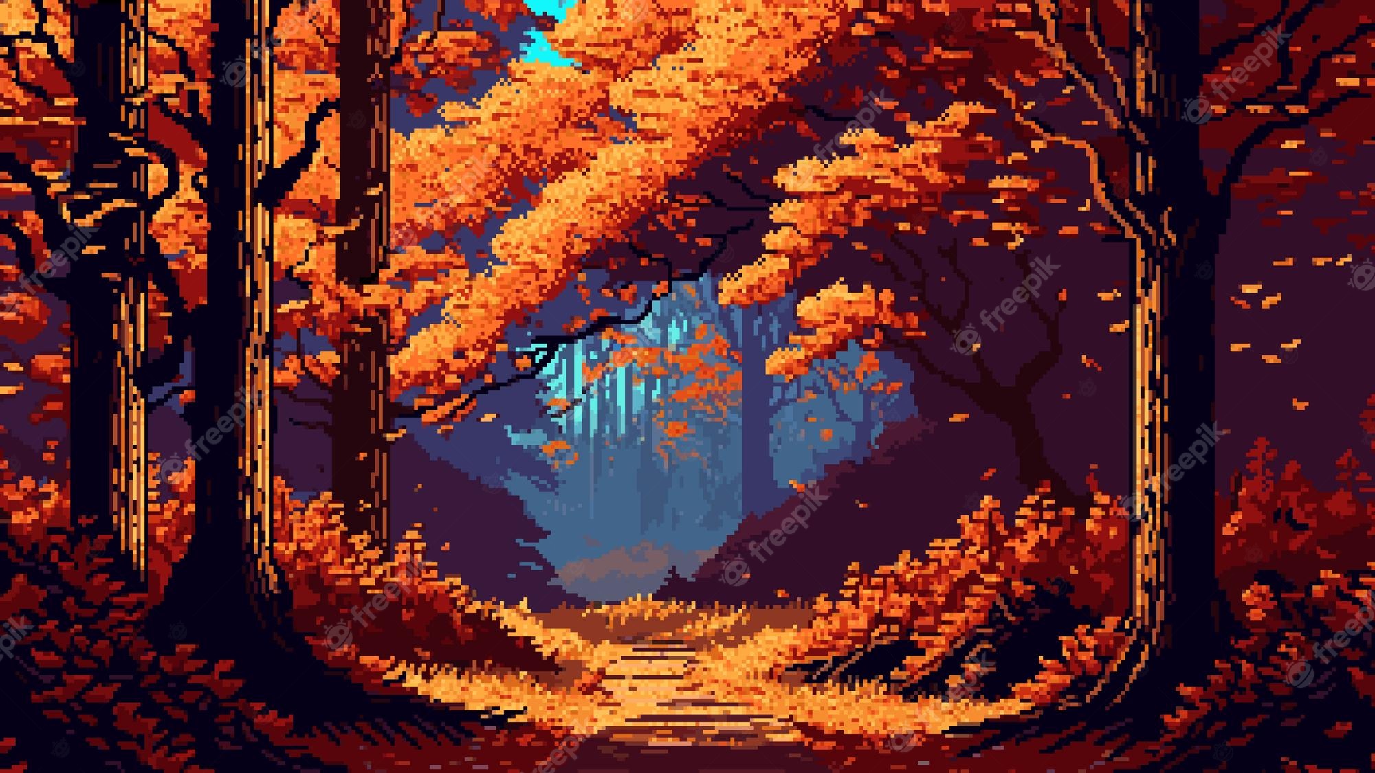 Premium Vector. Autumn forest landscape ai generated 8bit retro pixel art game background 2d fall season wood scene with bright orange colored trees and fallen leaves immerses player in a nostalgic
