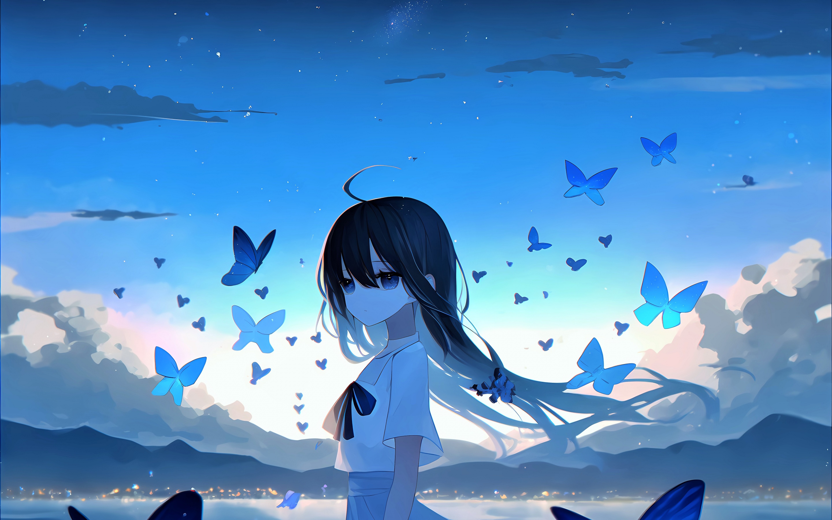 Sad girl Wallpaper 4K, Anime girl, Mood, Butterflies