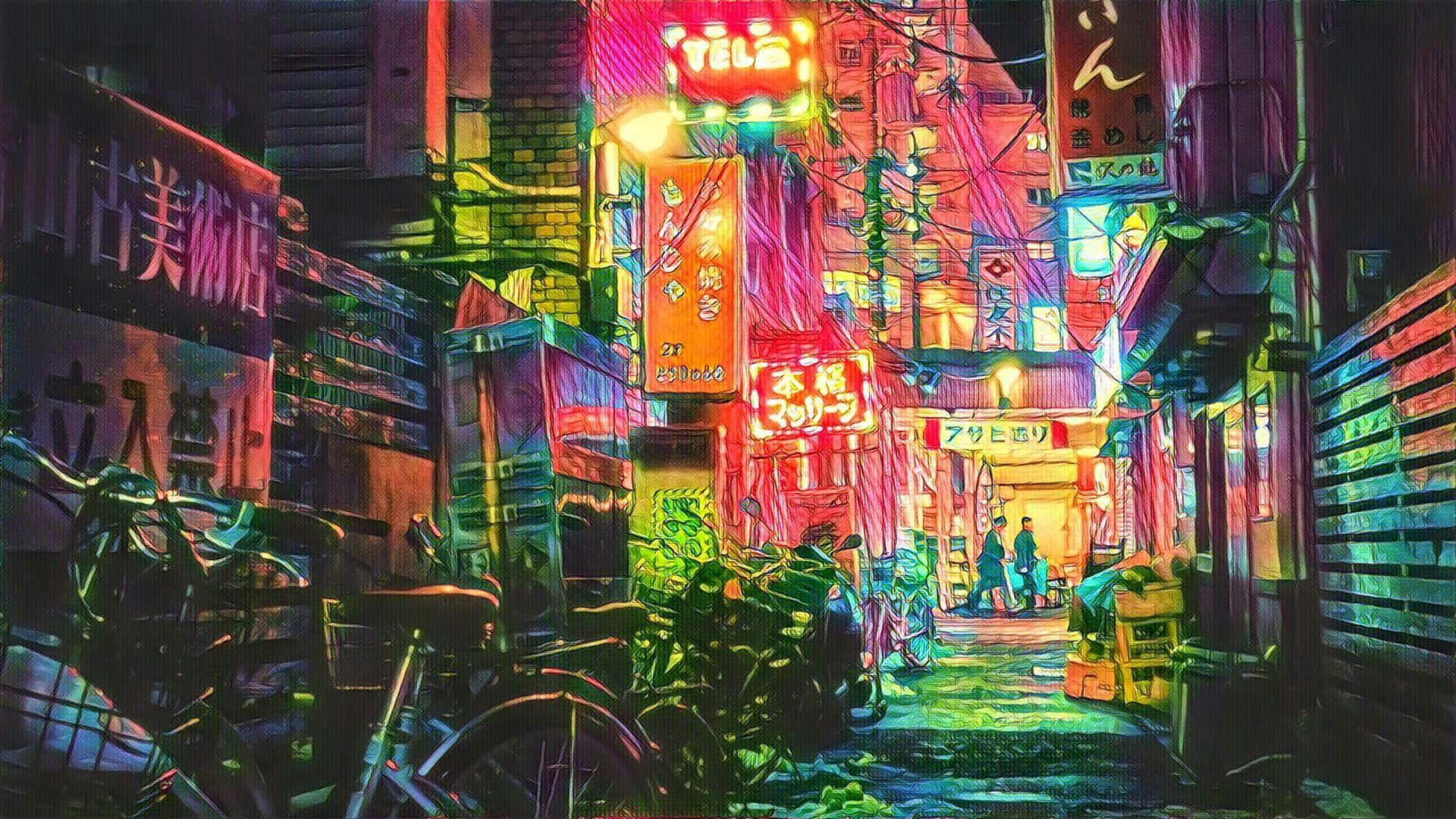 Download A Neon Lit Alley With A Bicycle And A Sign Wallpaper