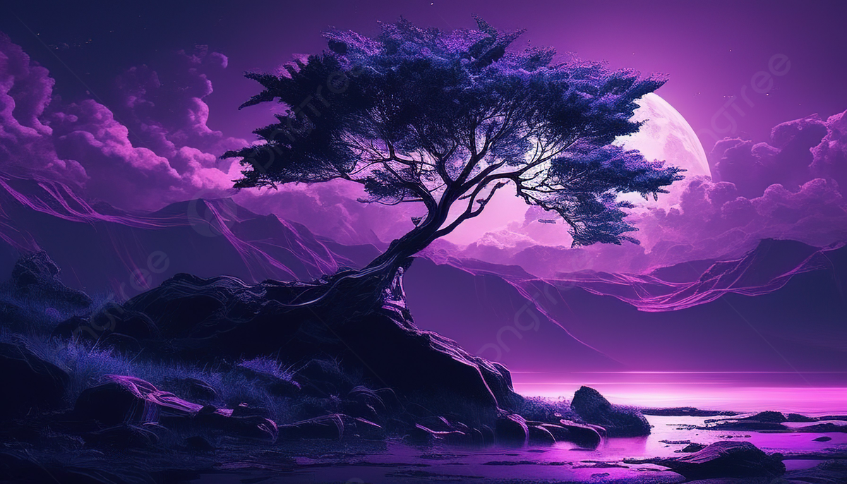 Beautiful Tree With A Purple Moonlit Sky Background, Purple Aesthetic Picture Background Image And Wallpaper for Free Download