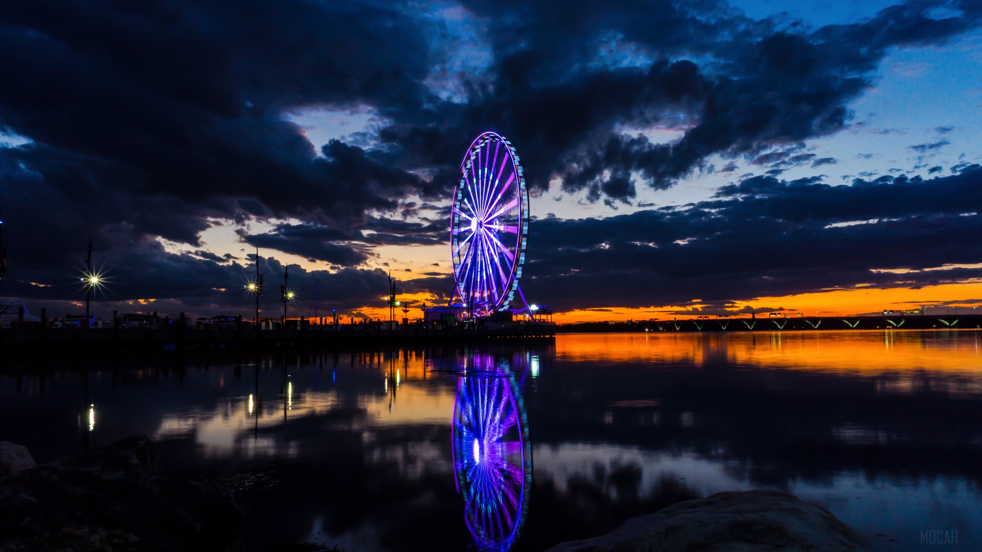 ferris wheel, harbor, night city, clouds, washington, usa 4k Gallery HD Wallpaper