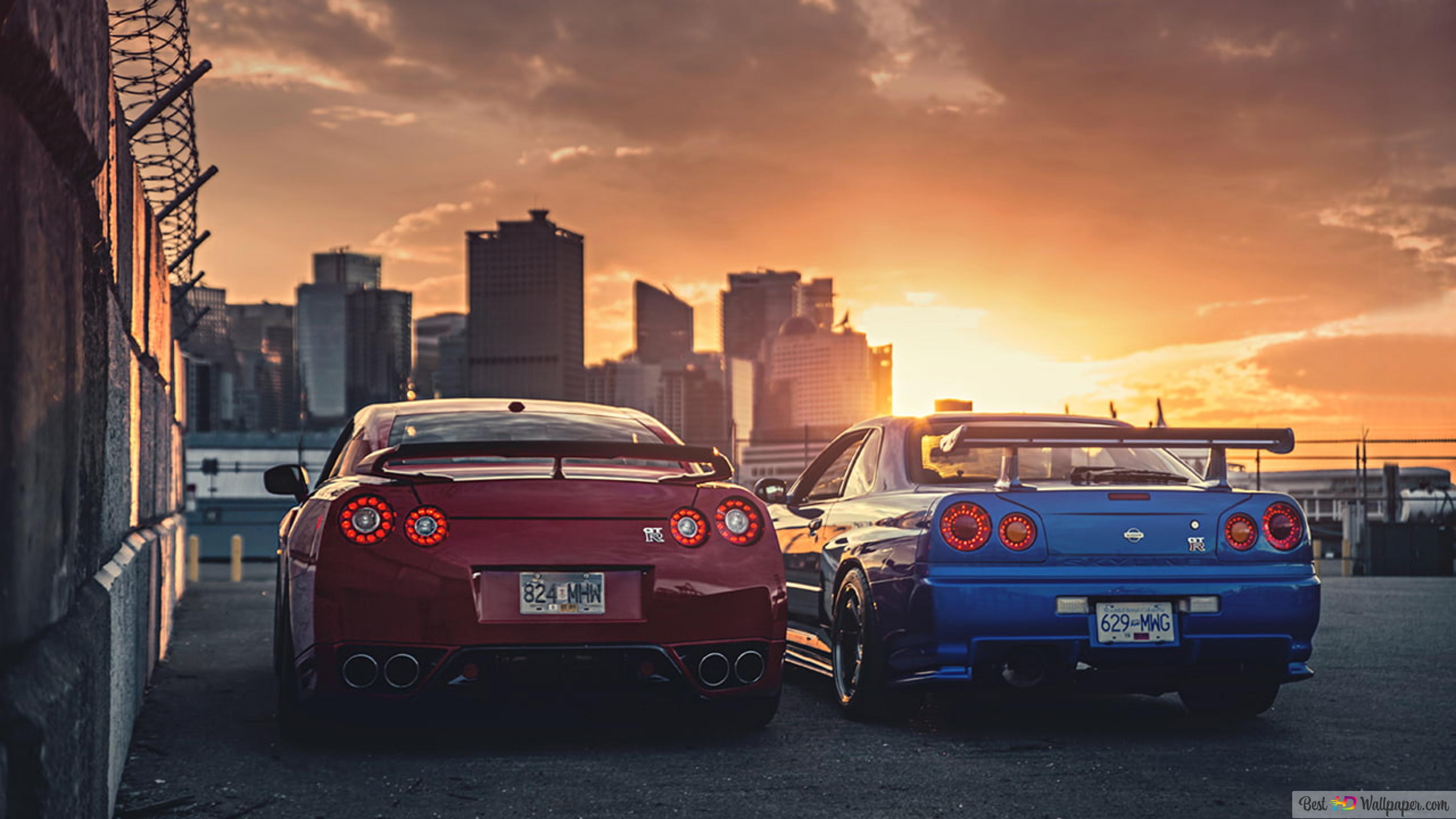 Nissan Skyline Gt R R35 R34 At Sunset 4K Wallpaper Download