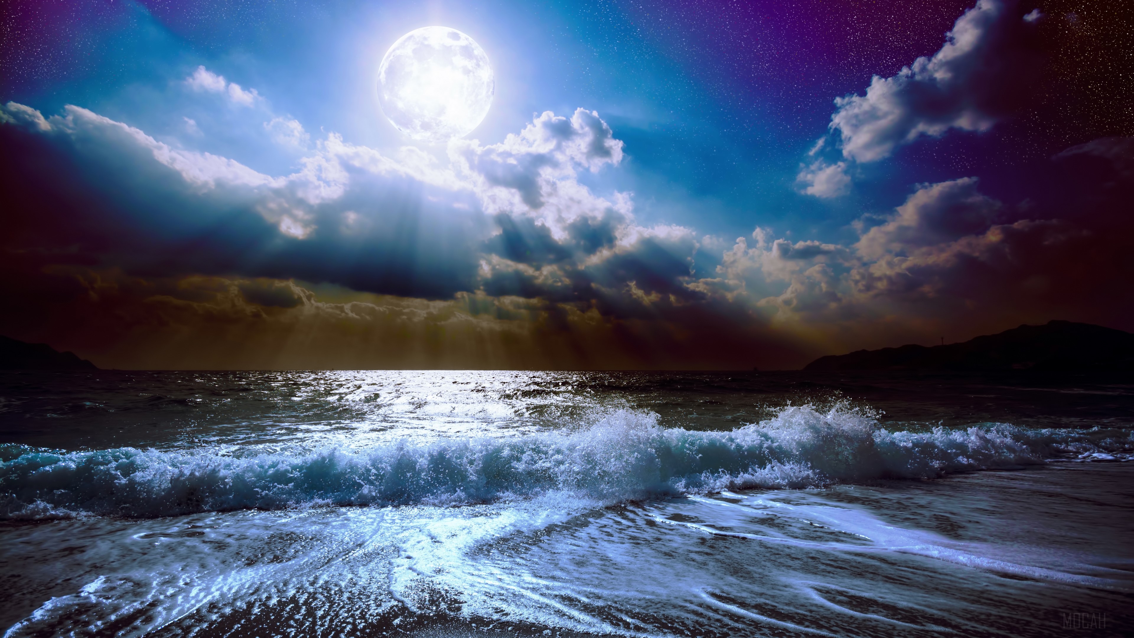 Full Moon, Night, Ocean, Wave 4k Gallery HD Wallpaper
