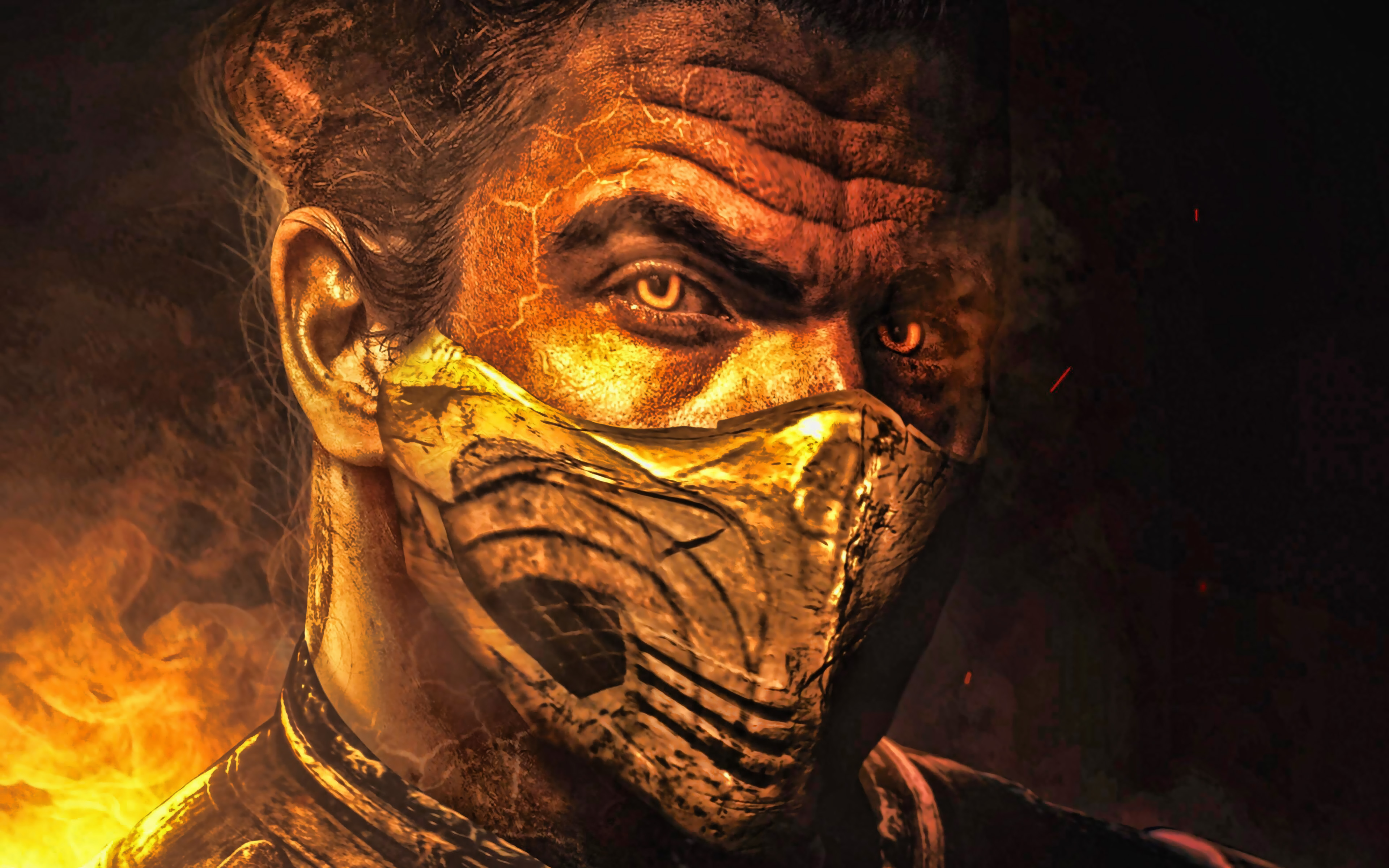 Download Wallpaper 4k, Scorpion, Close Up, Mortal Kombat, Ninja, Fighting Game, Fire, Scorpion 4k For Desktop With Resolution 3840x2400. High Quality HD Picture Wallpaper