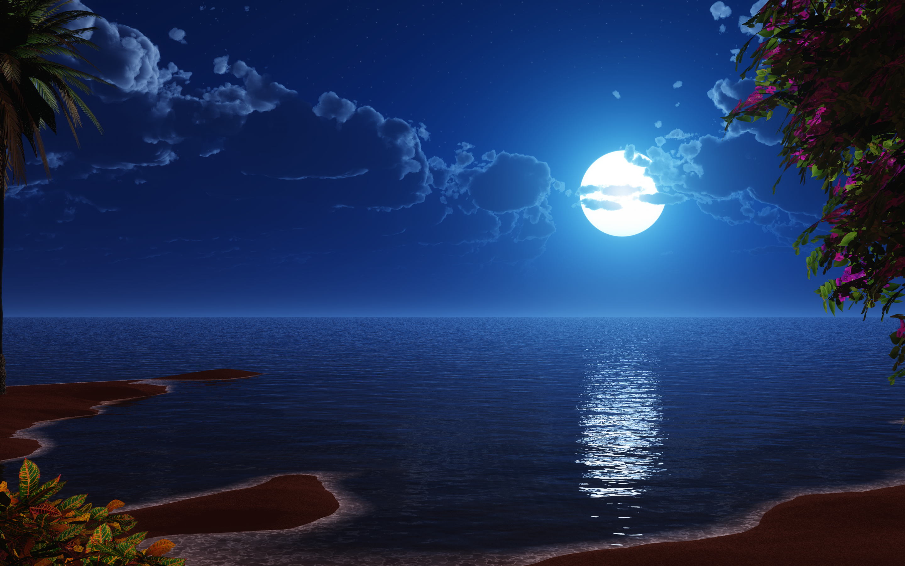 Beach Wallpaper 4K, Night, Seascape, Moon, Blue Sky