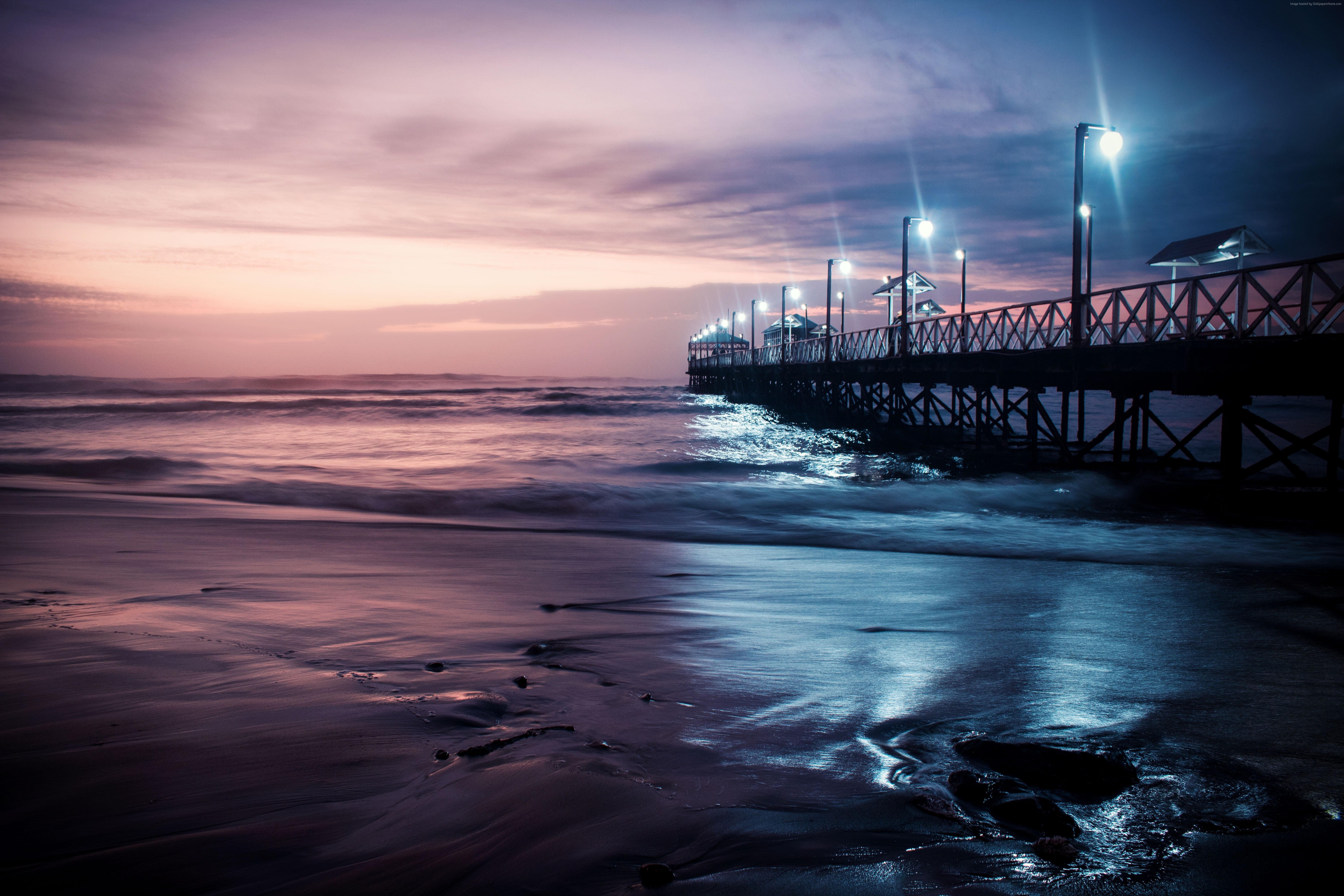 night, sky, pier, Ocean, 4K Gallery HD Wallpaper