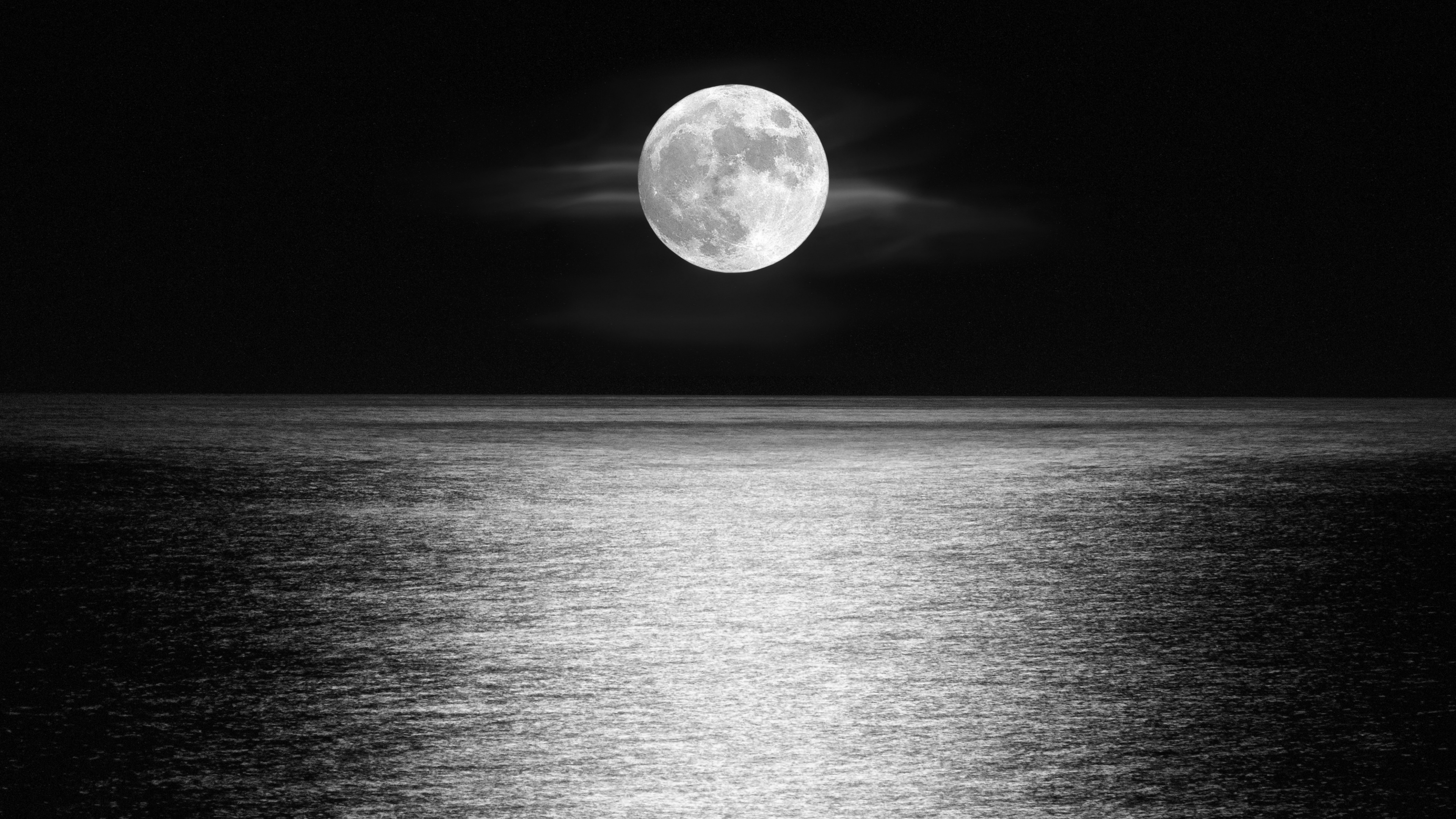 Download wallpaper 3840x2160 moon, sea, sky, monochrome, night 4k wallpaper, uhd wallpaper, 16:9 widescreen 3840x2160 HD background, 4333