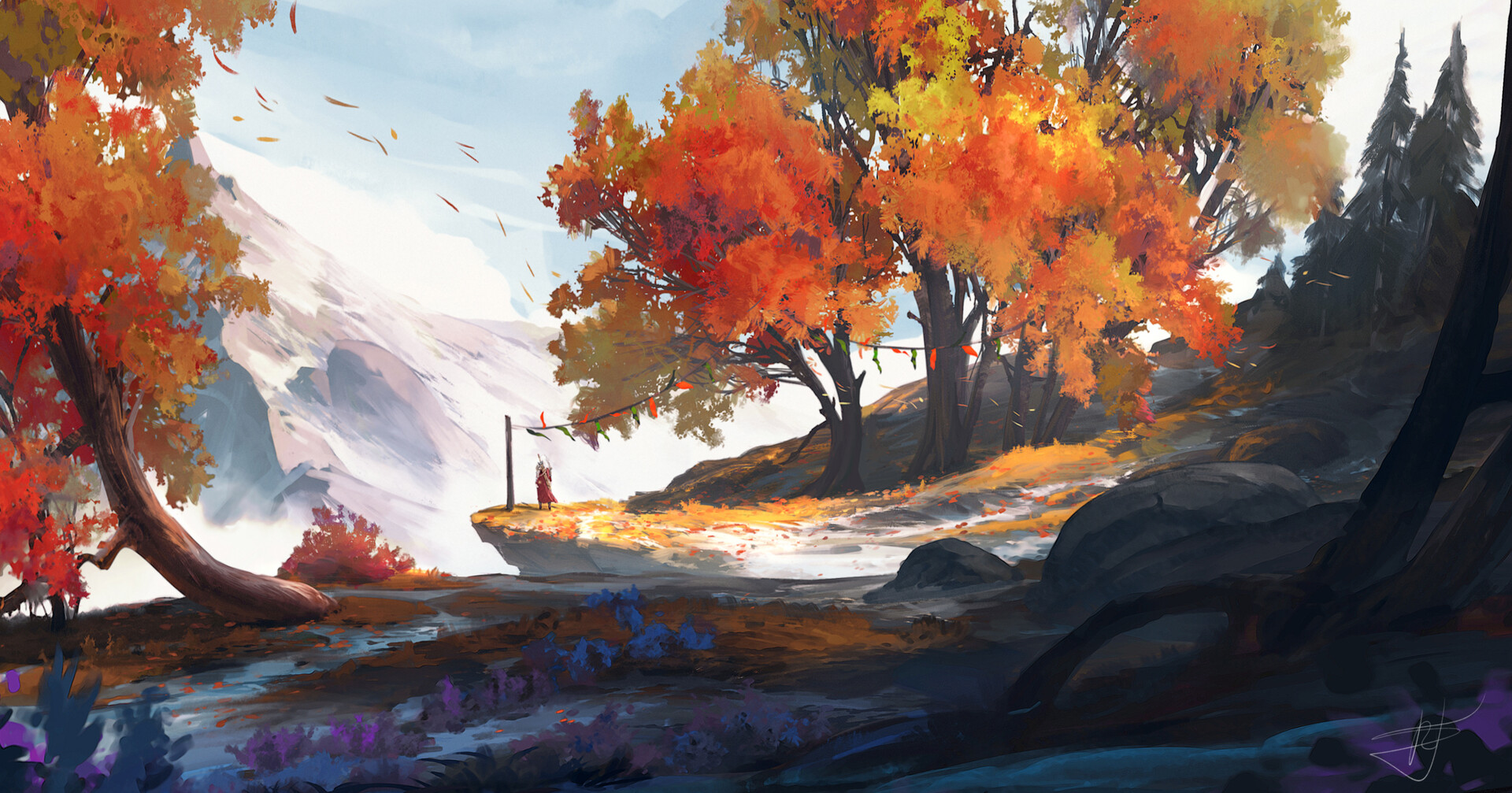 Max Suleimanov Digital Art Fall Trees Red Leaves Mountains Wallpaper:1920x1007
