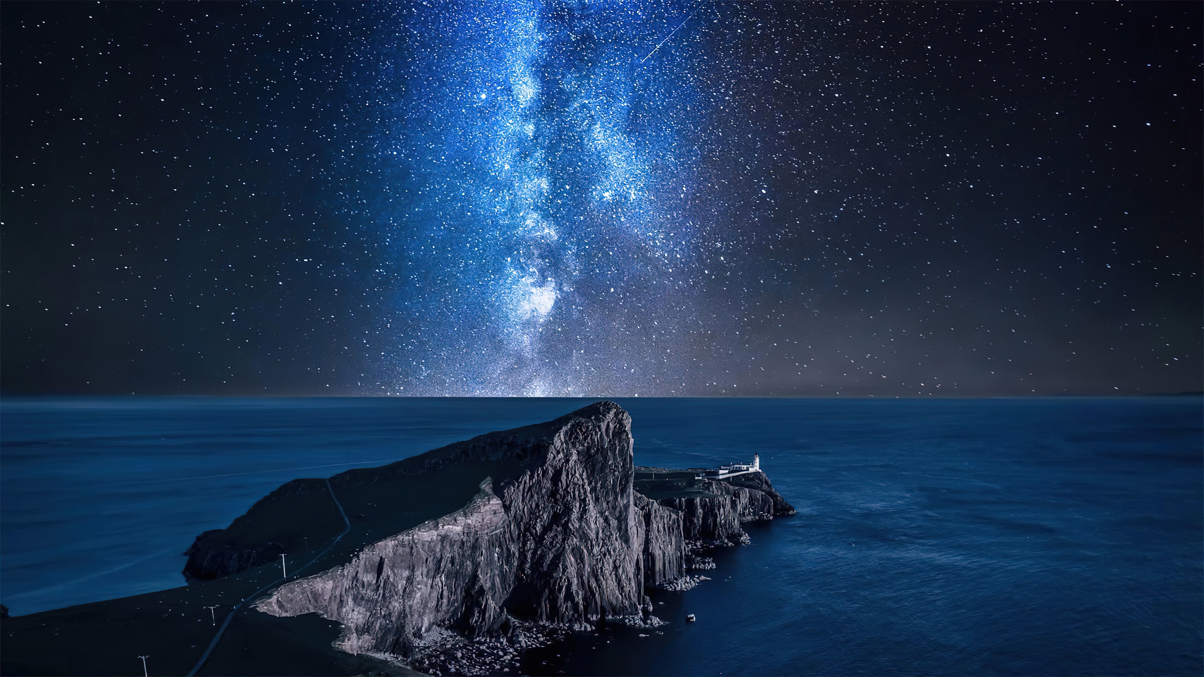 wallpaper, milky way, night, sky, stars, ocean, scenery, lighthouse, isle off skye, scotland, 4k, HD Gallery HD Wallpaper