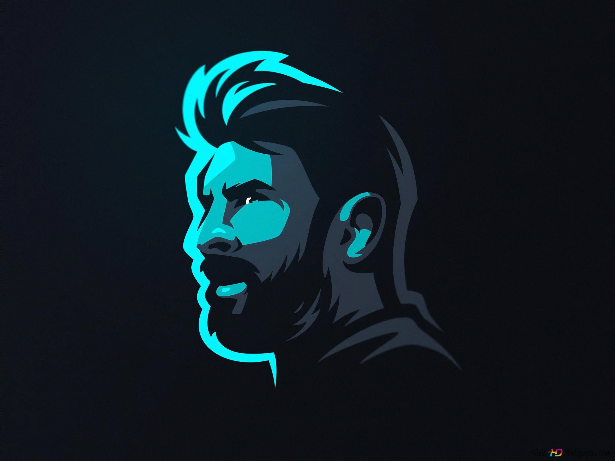 Neon blue drawing of Lionel Messi on black background 2K wallpaper download