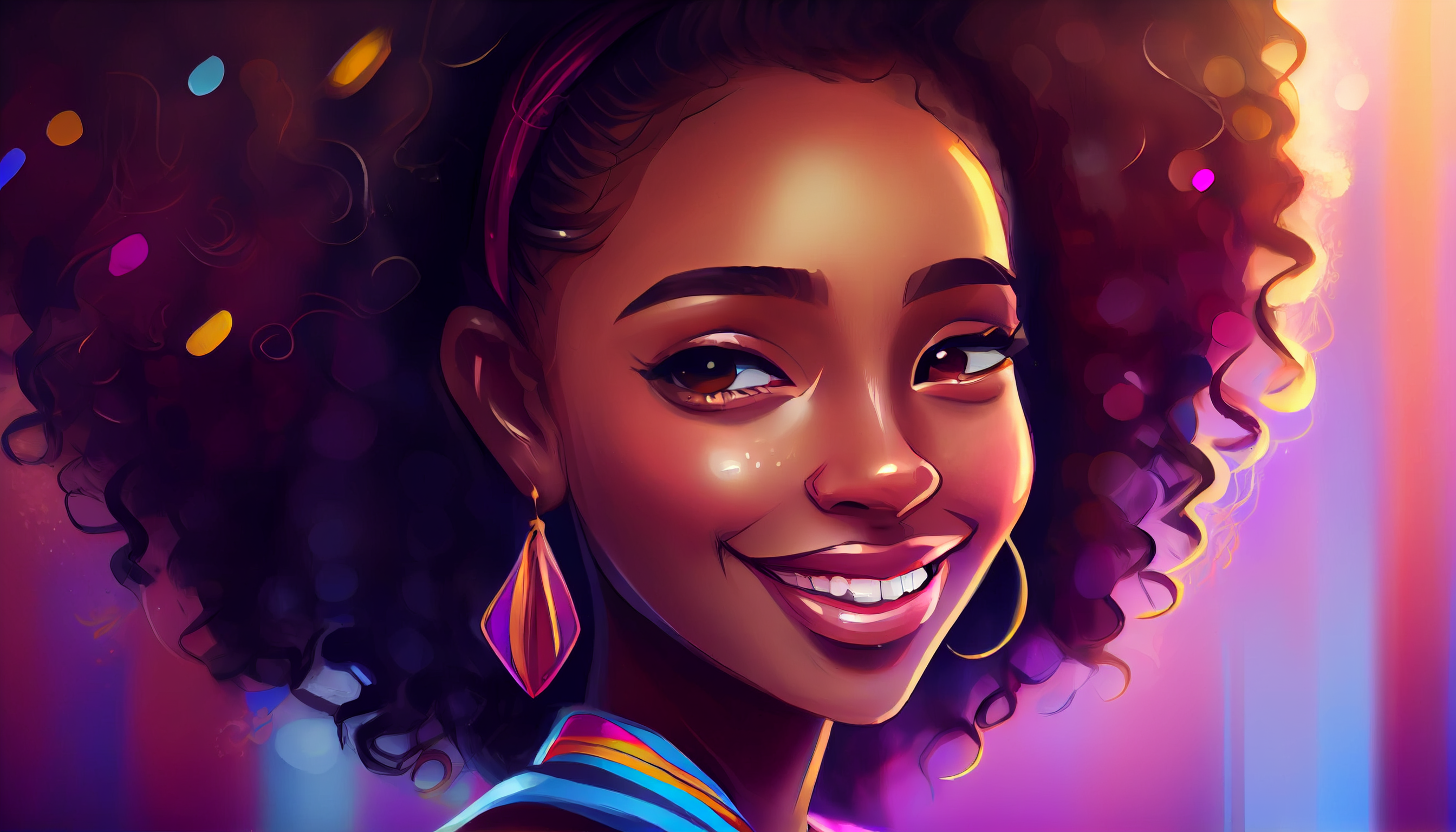 Wallpaper, ai art, women, illustration, Afro, smiling, dark skin 2688x1536
