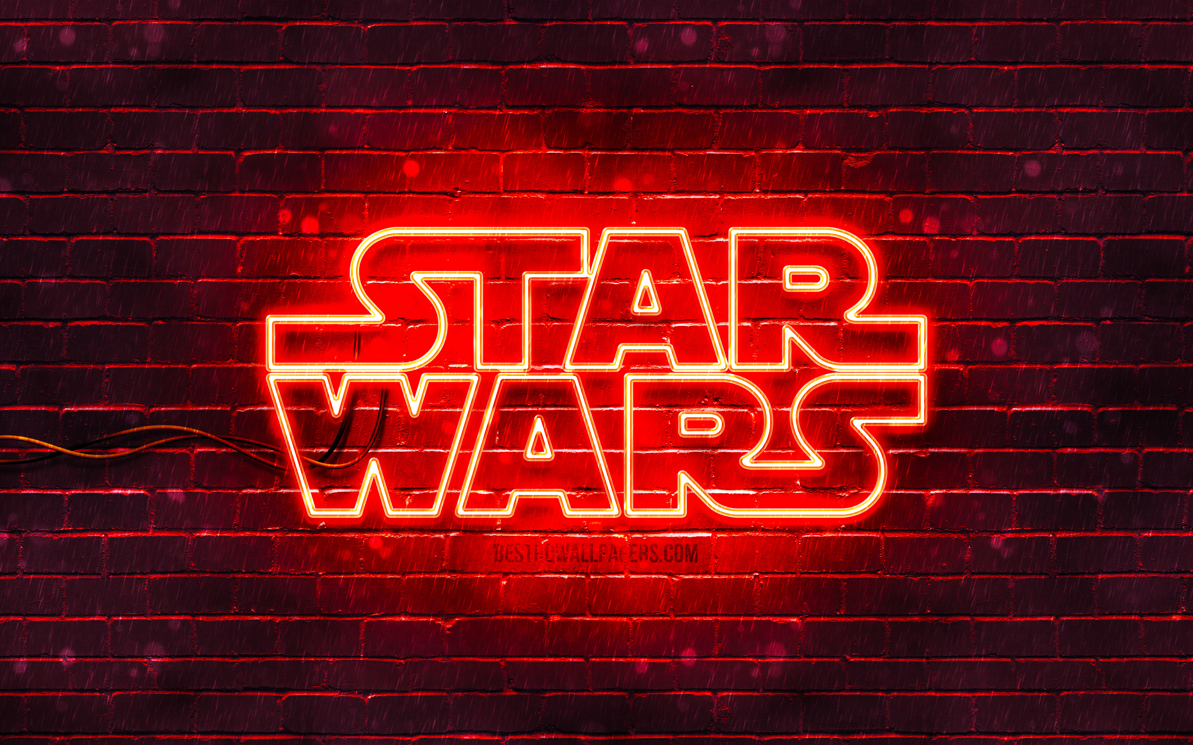 Download wallpaper Star Wars red logo, 4k, red brickwall, Star Wars logo, creative, Star Wars neon logo, Star Wars for desktop with resolution 3840x2400. High Quality HD picture wallpaper