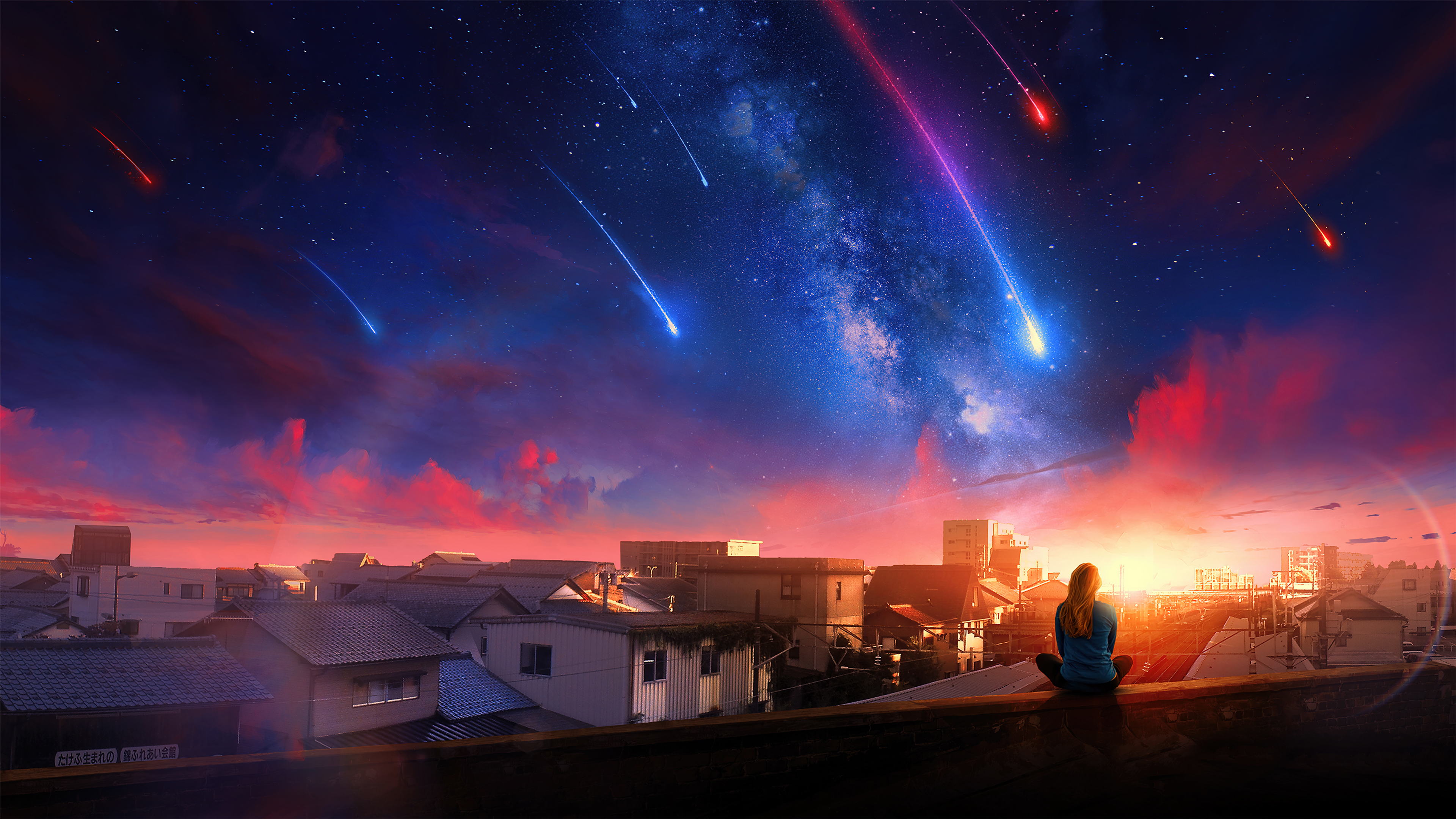 Alone Wallpaper 4K, Woman, Girl, Falling stars, Town