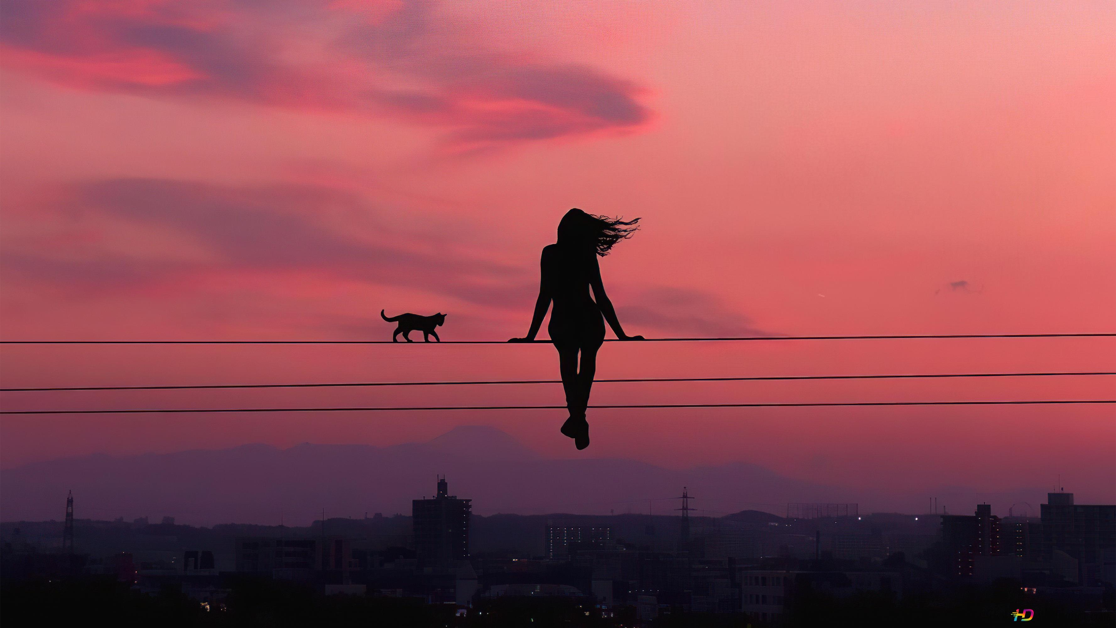 Alone Girl Sit On Poles Electric Wire With Her Pet 4K wallpaper download