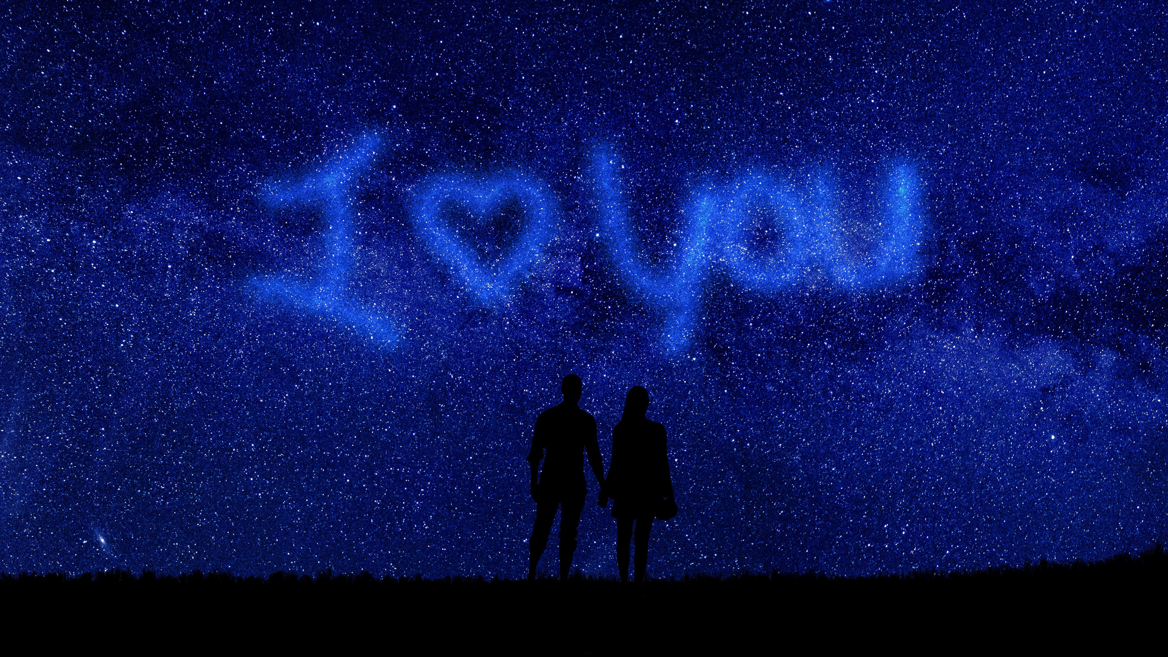I Love You Wallpaper 4K, Starry sky, Couple, Silhouette