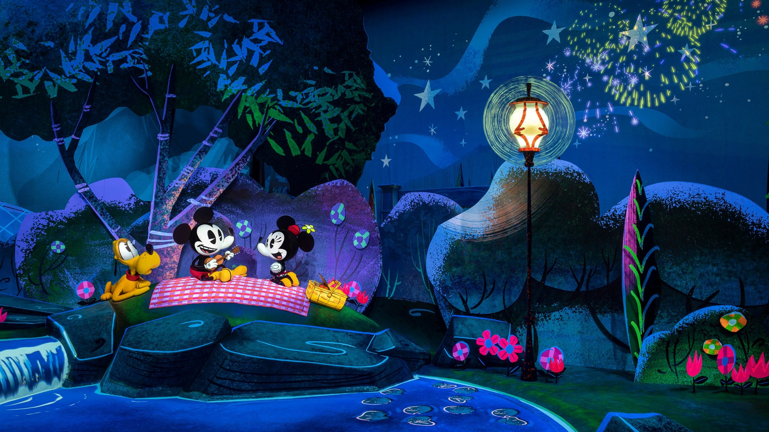 Mickey and Minnie Mouse on a night picnic [2560 x 1440]