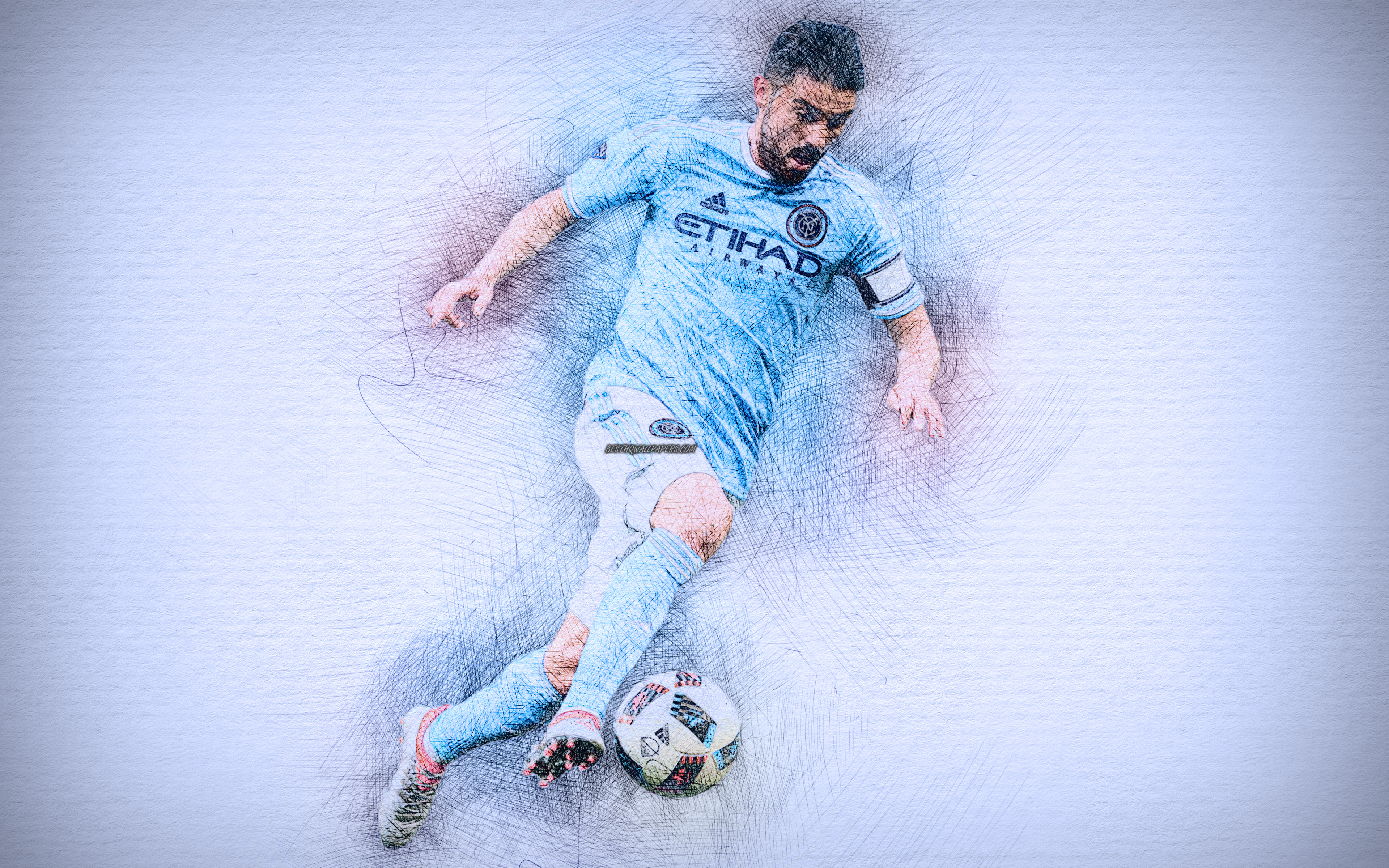 Download wallpaper David Villa, 4k, artwork, football stars, New York City FC, Villa, soccer, MLS, LA Galaxy, footballers, drawing David Villa for desktop with resolution 3840x2400. High Quality HD picture wallpaper