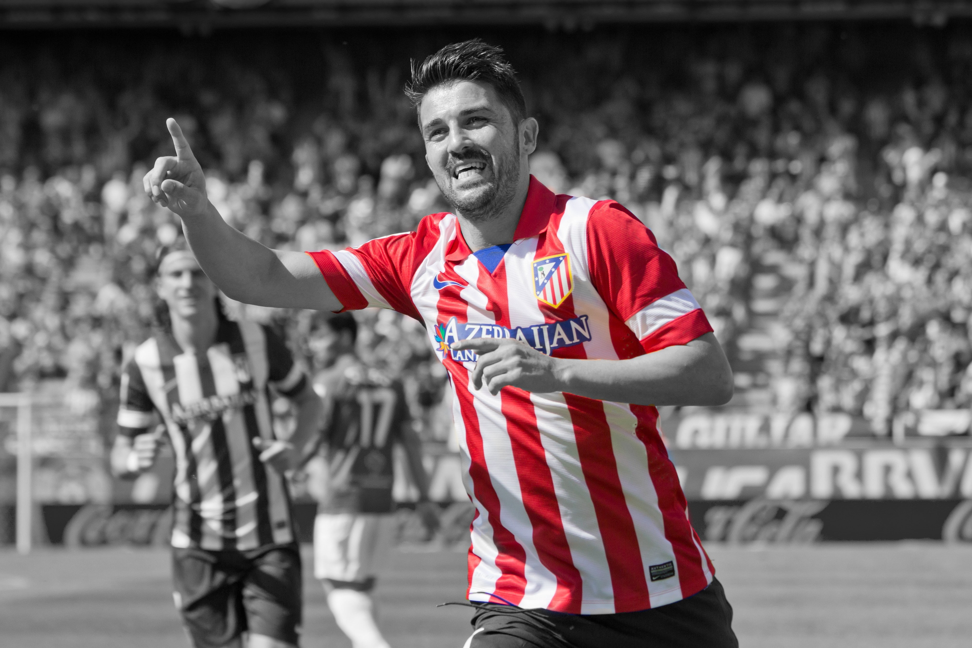 Wallpaper / arms raised, soccer, winning, crowd, front view, young men, happiness, pride, portrait, sport, David Villa, stadium, smiling, 4K, one person, emotion free download