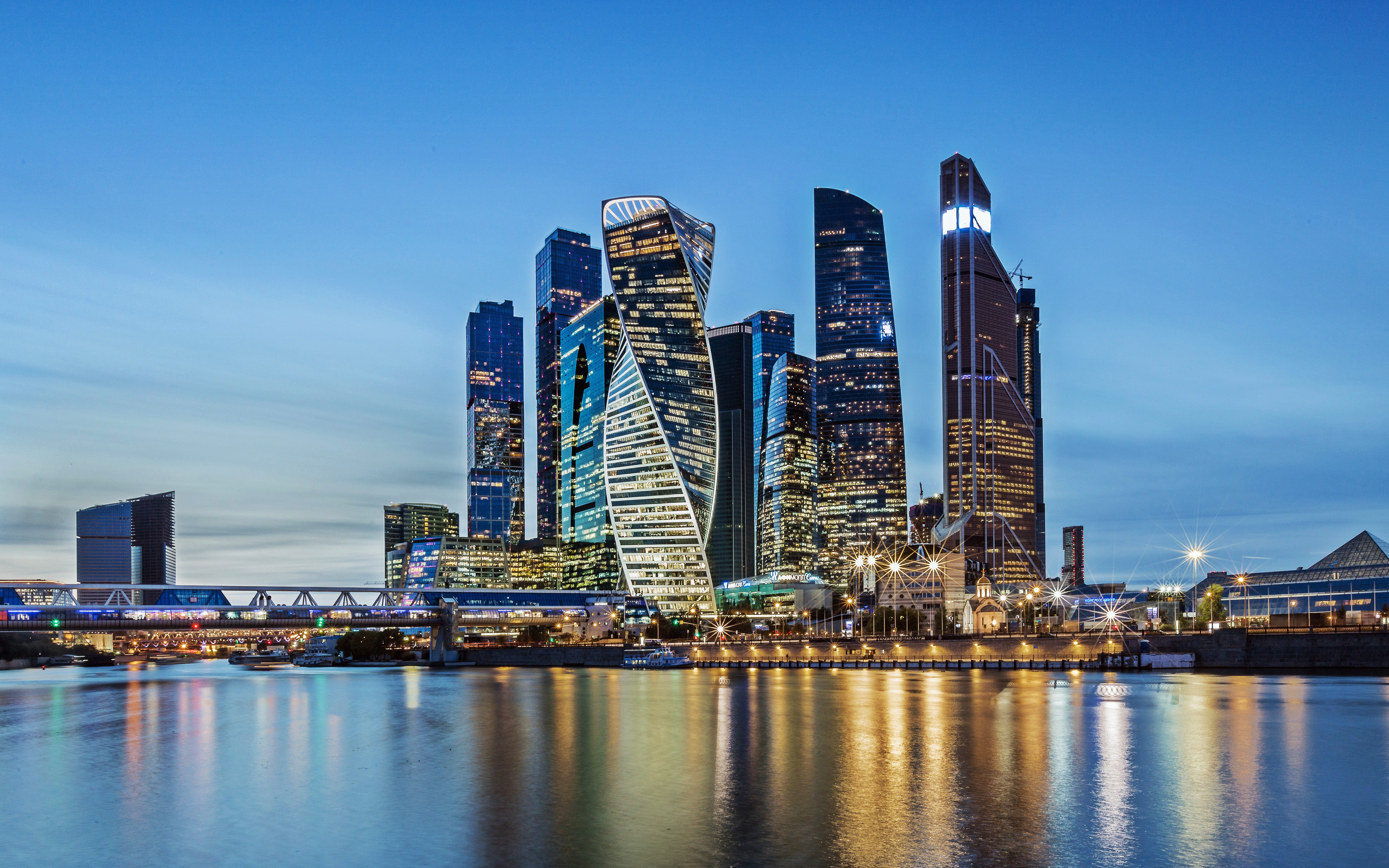 Download wallpaper 4k, Moscow City, business center, modern buildings, sunset, cityscapes, Russia, skyscrapers, Moscow for desktop with resolution 3840x2400. High Quality HD picture wallpaper