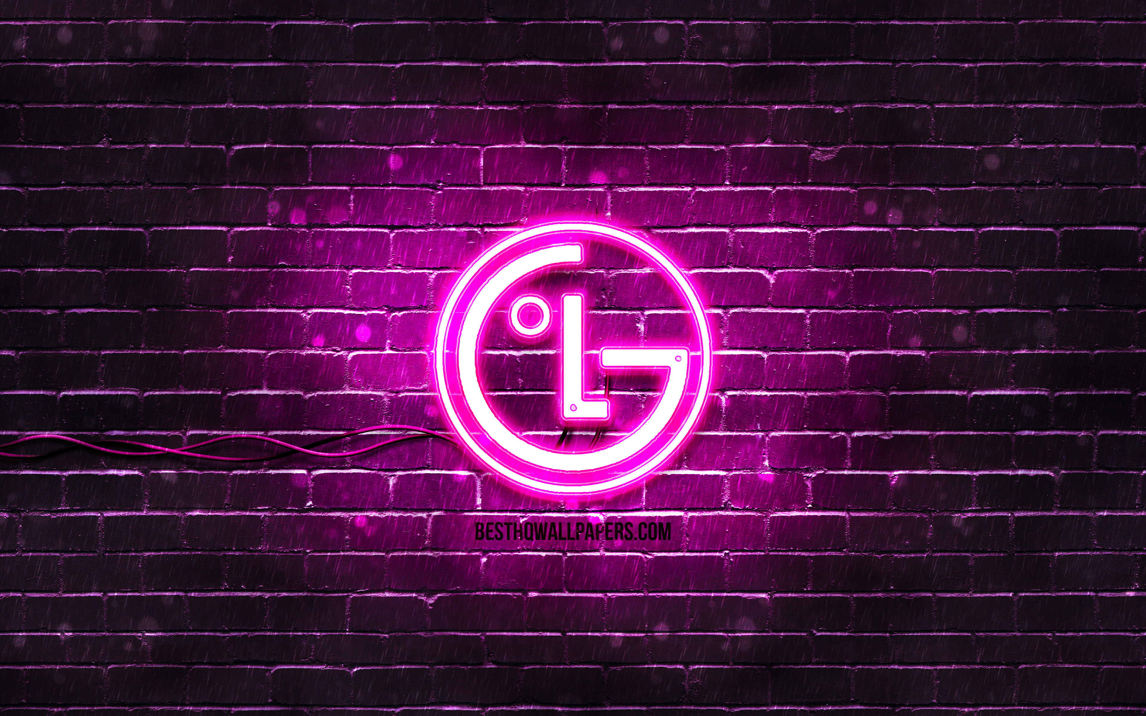 Download wallpaper LG purple logo, 4k, purple brickwall, LG logo, brands, LG neon logo, LG for desktop with resolution 3840x2400. High Quality HD picture wallpaper