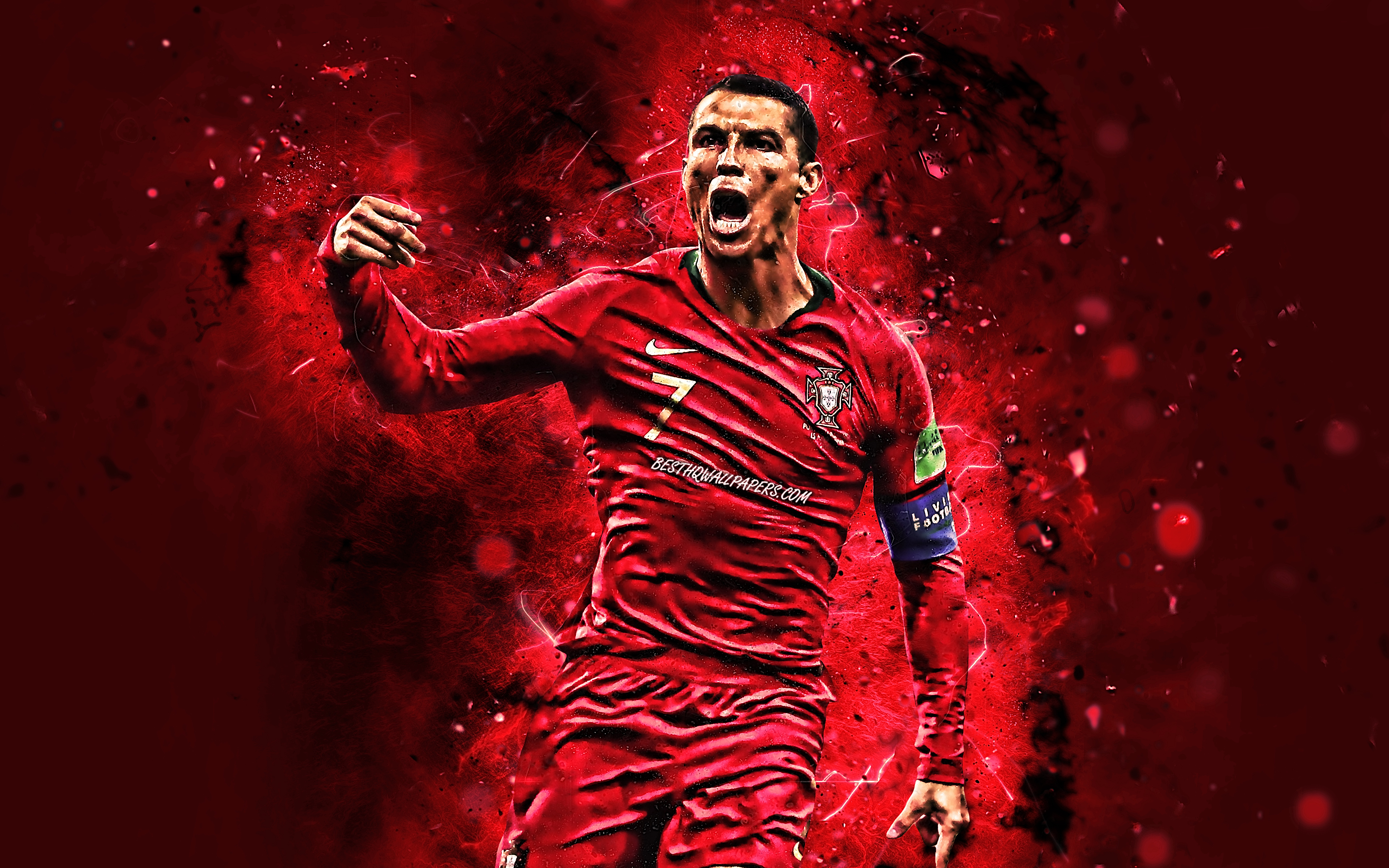 Download wallpaper 4k, Cristiano Ronaldo, goal, Portugal National Team, soccer, CR7, neon lights, red background, Portuguese football team for desktop with resolution 3840x2400. High Quality HD picture wallpaper