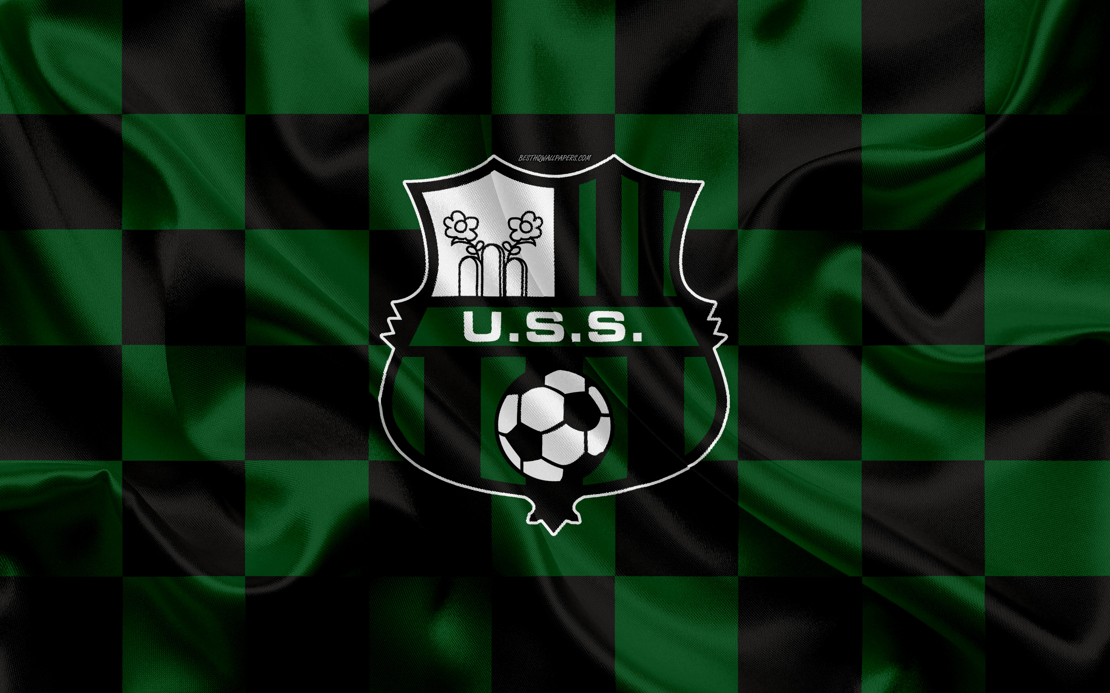 Download wallpaper US Sassuolo Calcio, 4k, logo, creative art, green black checkered flag, Italian football club, emblem, silk texture, Serie A, Sassuolo, Italy, Sassuolo FC for desktop with resolution 3840x2400. High Quality