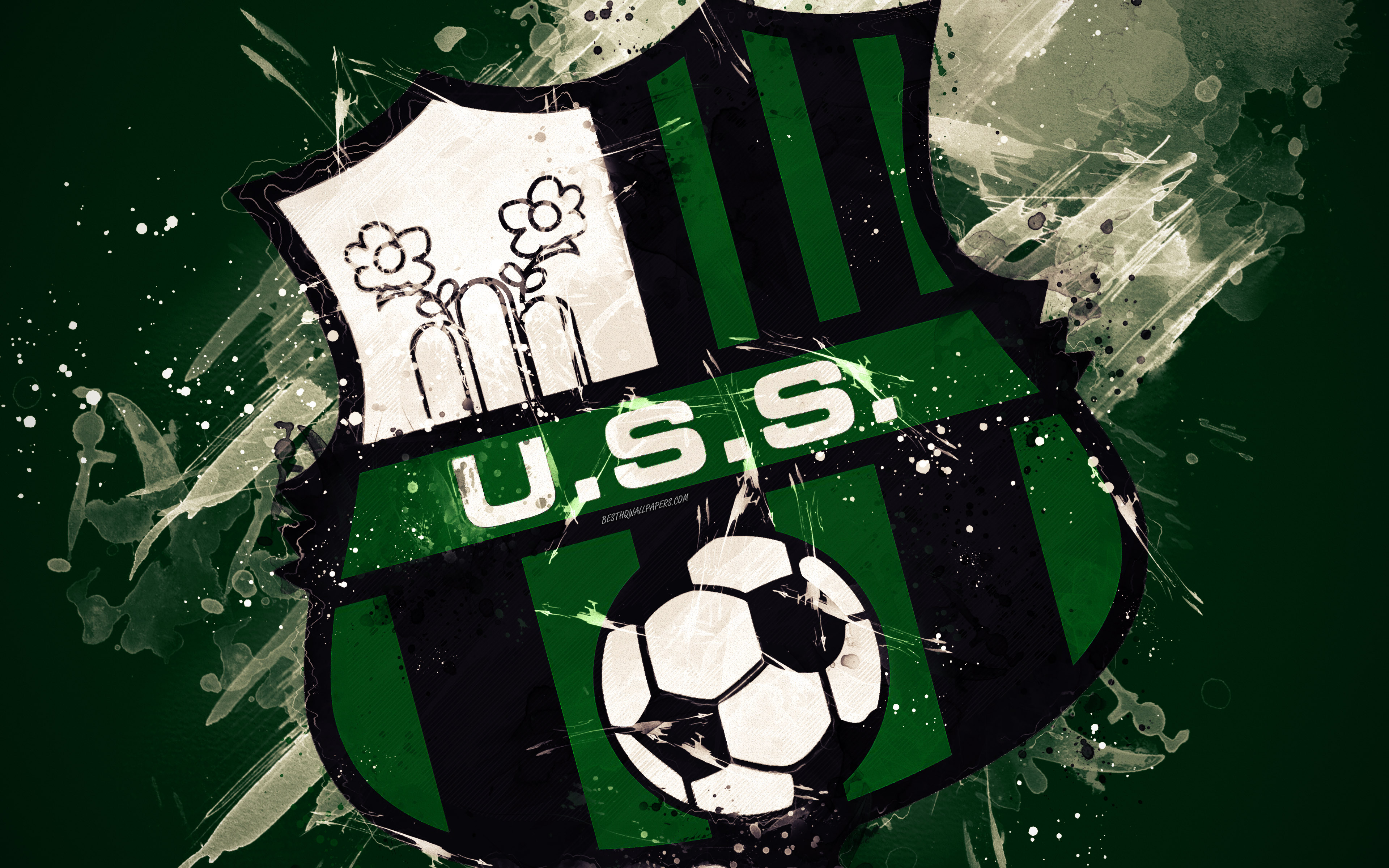 Download wallpaper US Sassuolo Calcio, 4k, paint art, creative, Italian football team, Serie A, logo, emblem, green background, grunge style, Modena, Italy, football, Sassuolo FC for desktop with resolution 3840x2400. High Quality