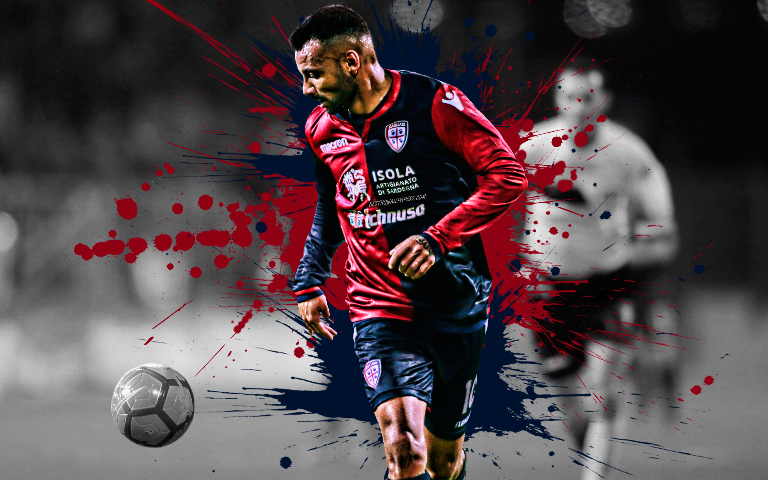 Download wallpaper Joao Pedro, 4k, Brazilian football player, Cagliari Calcio, attacking midfielder, blue red paint splashes, creative art, Serie A, Italy, football, grunge, Cagliari for desktop with resolution 2560x1600. High Quality HD