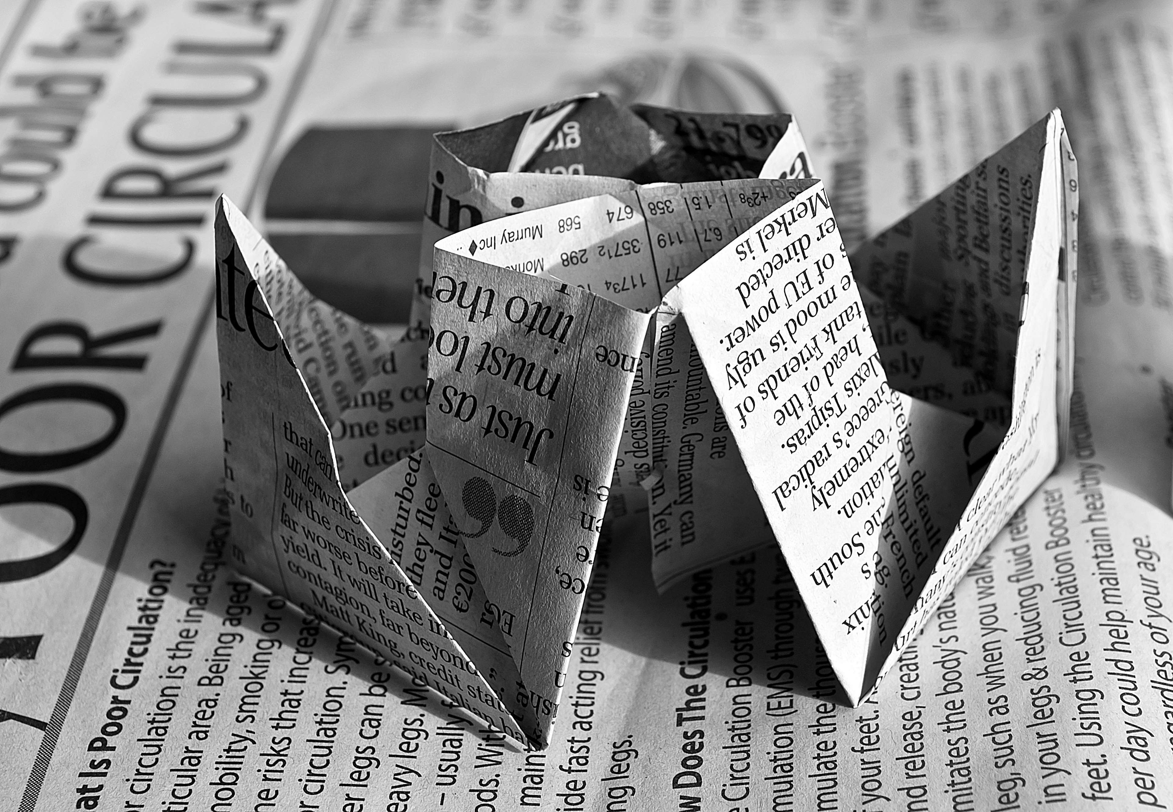 art, black and white, craft, newspaper, origami, paper 4k wallpaper