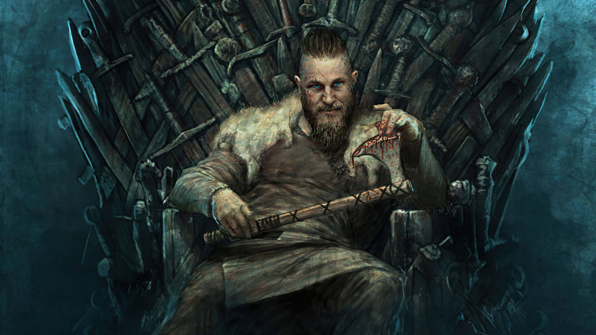 Download Ragnar Lothbrok 4K On Iron Throne Wallpaper