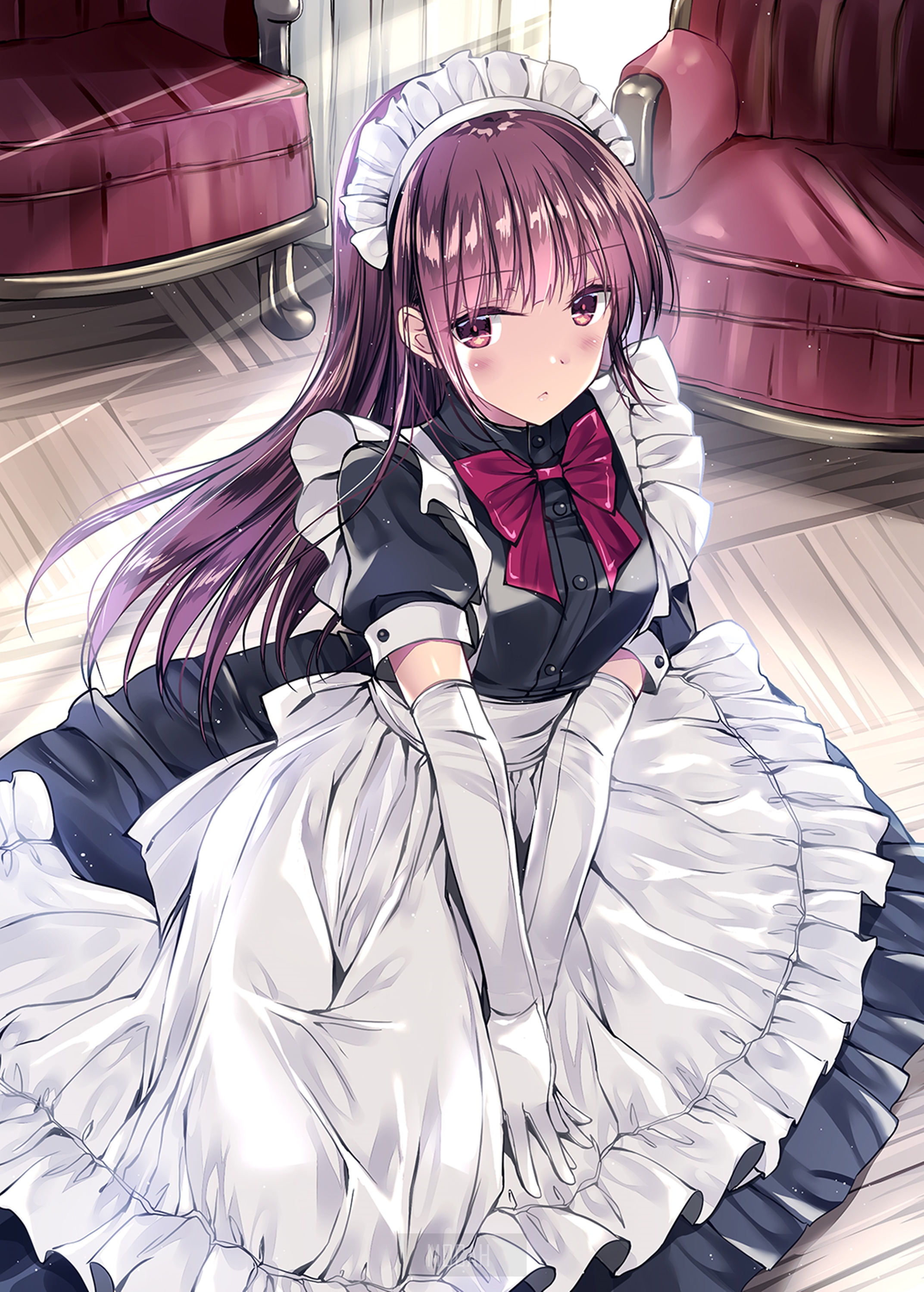 anime, anime girl, maid, long hair, purple eyes, black hair, gloves, room HD download, 2144x3000 Gallery HD Wallpaper