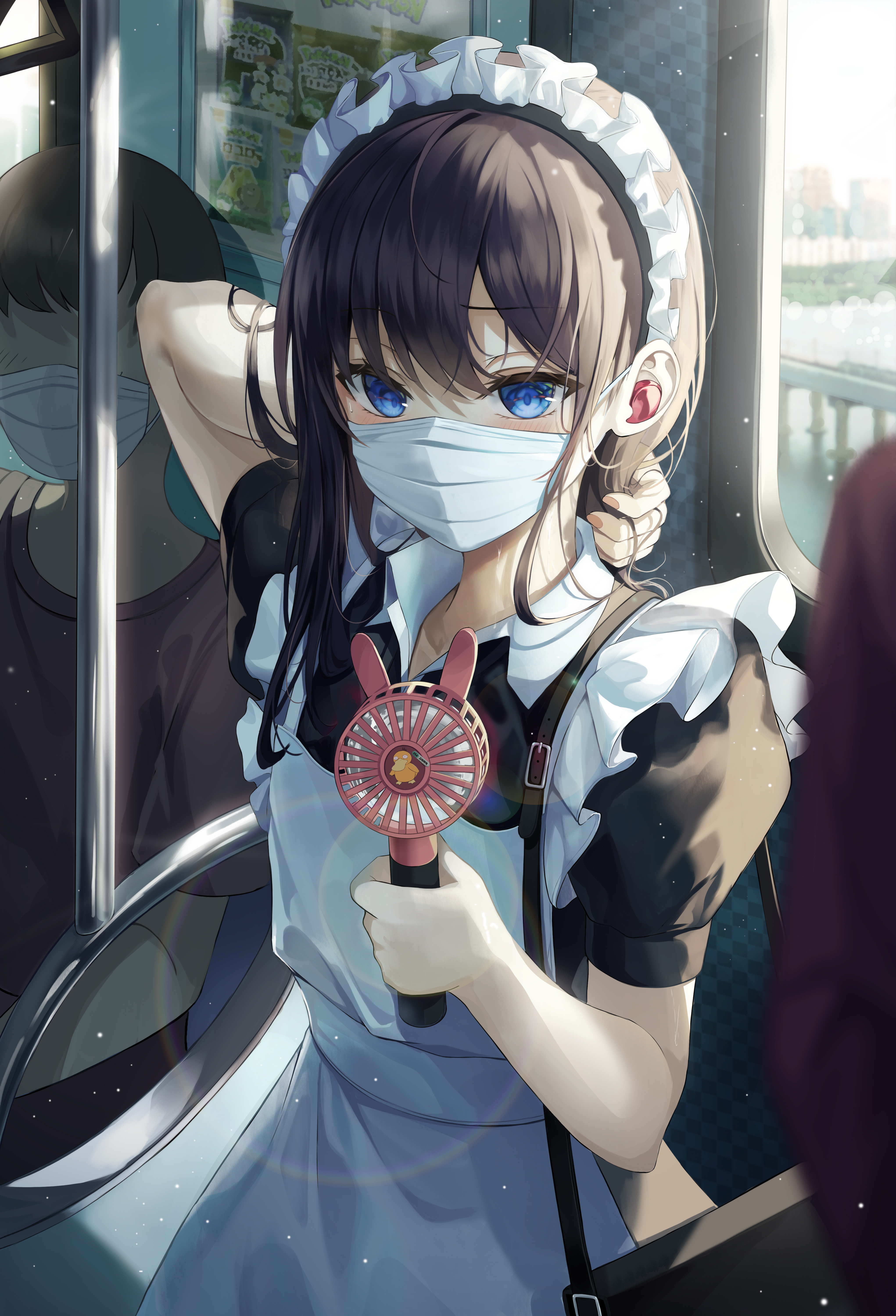 Digital Anime Maid Maid Outfit Mask Train Blue Eyes Anime Girls Fans Psyduck Pokemon Wallpaper:4084x6000