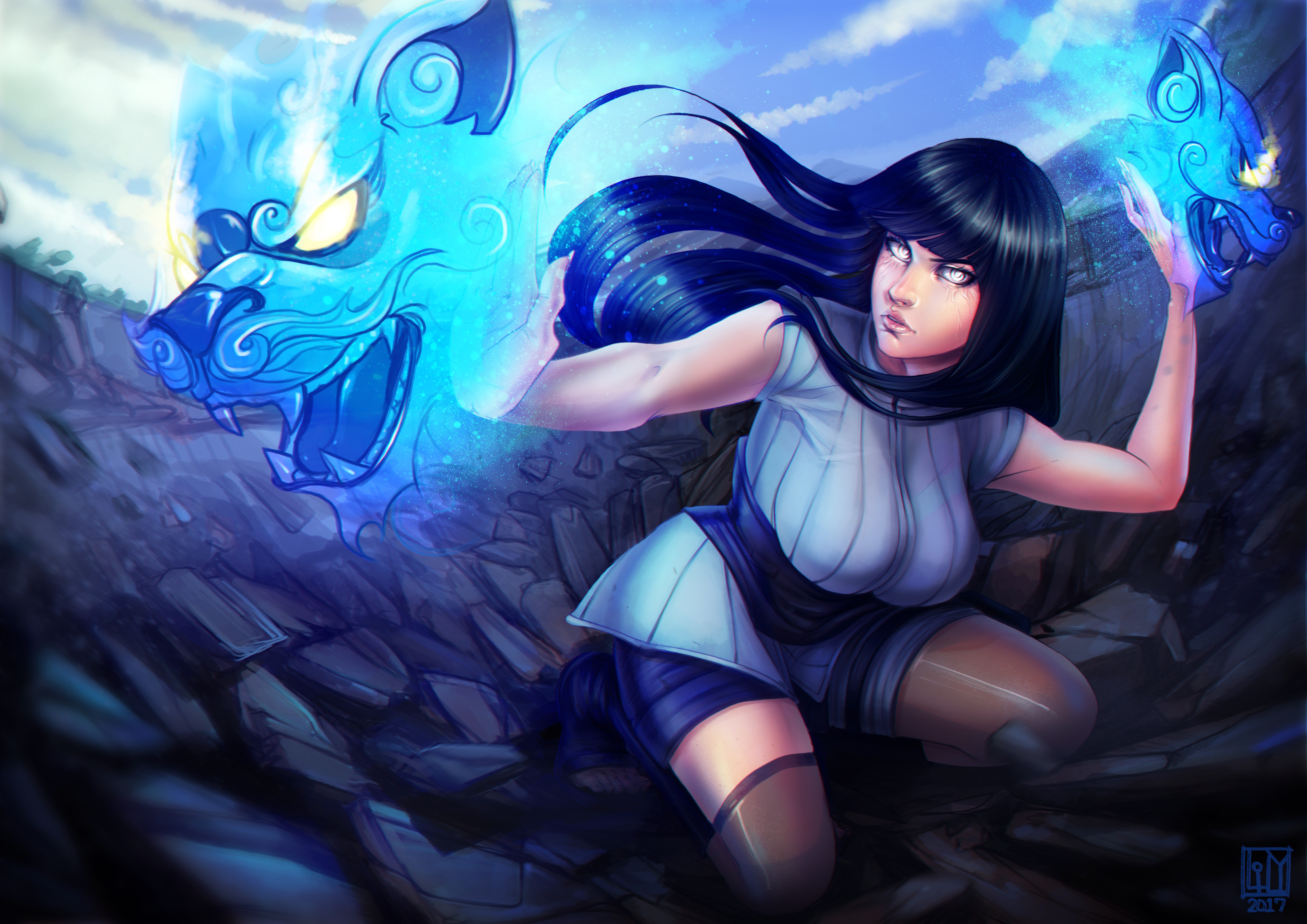 Download wallpaper girl, Naruto, big, tiger, blue, anime, ninja, shinobi, Hyuuga Hinata, Naruto Shippuden, doujutsu, oppai, powerful, strong, bishojo, kunoichi, section shonen in resolution 4959x3507