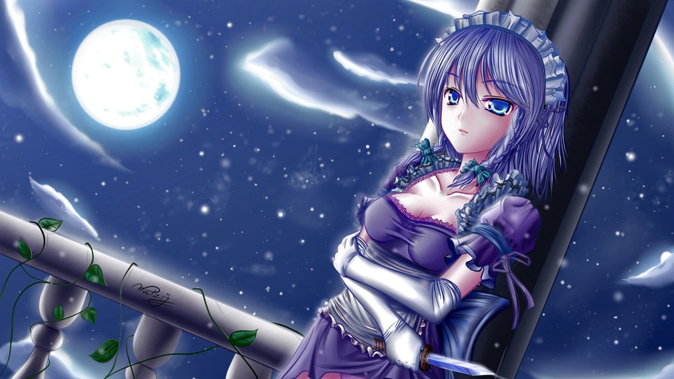 Wallpaper Moonlight Anime Girl, Holding A Knife, Blue Purple Hair 1920x1440 HD Picture, Image