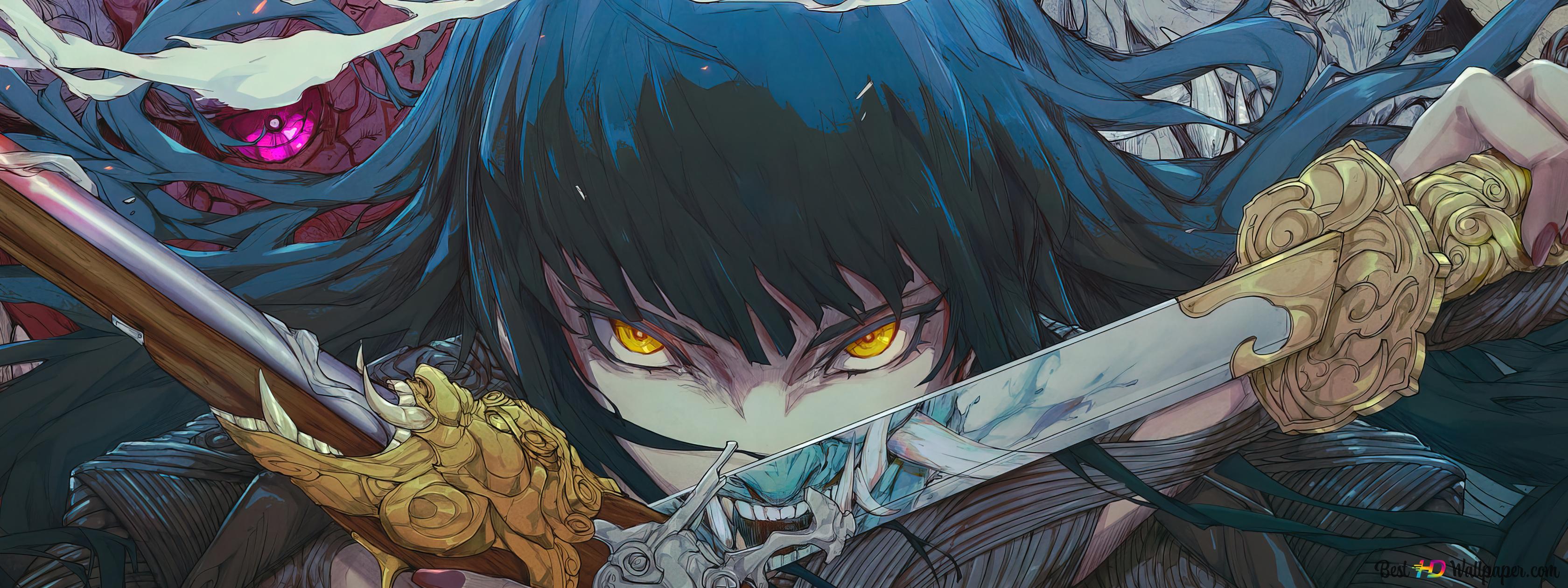 Samurai girl using katana and pistol 4K wallpaper download