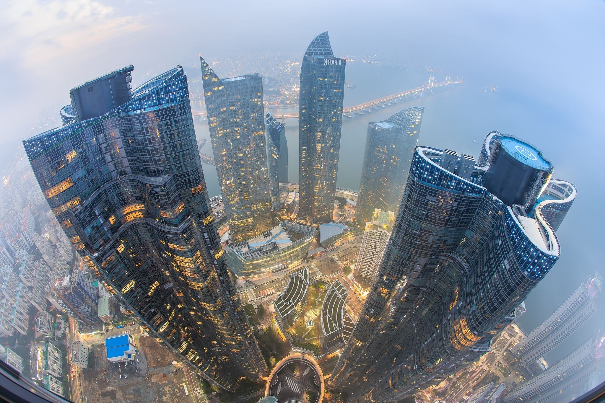 city cityscape skyscraper birds eye view busan south korea fisheye lens wallpaper