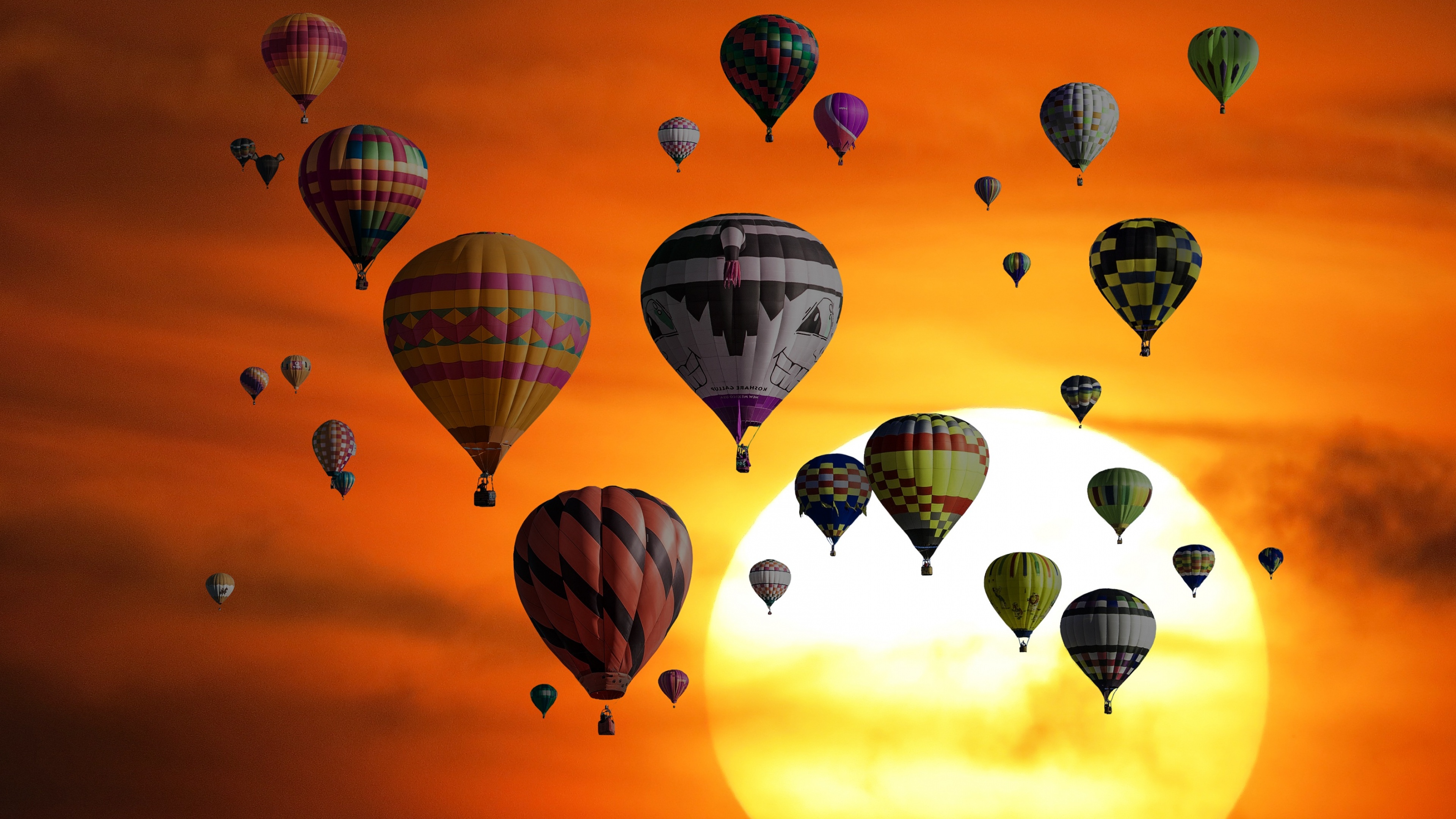 Sunset Wallpaper 4K, Hot air balloons, Orange sky
