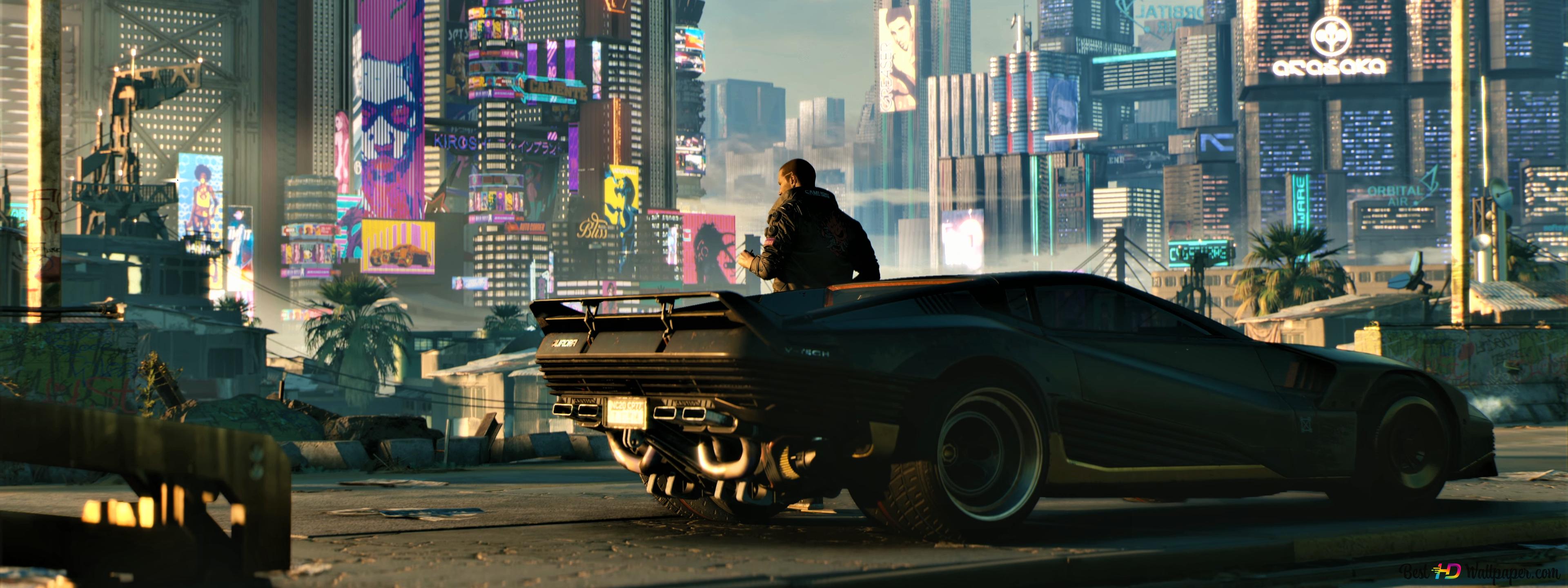 Cyberpunk 2077 anime and black car in the city 4K wallpaper download